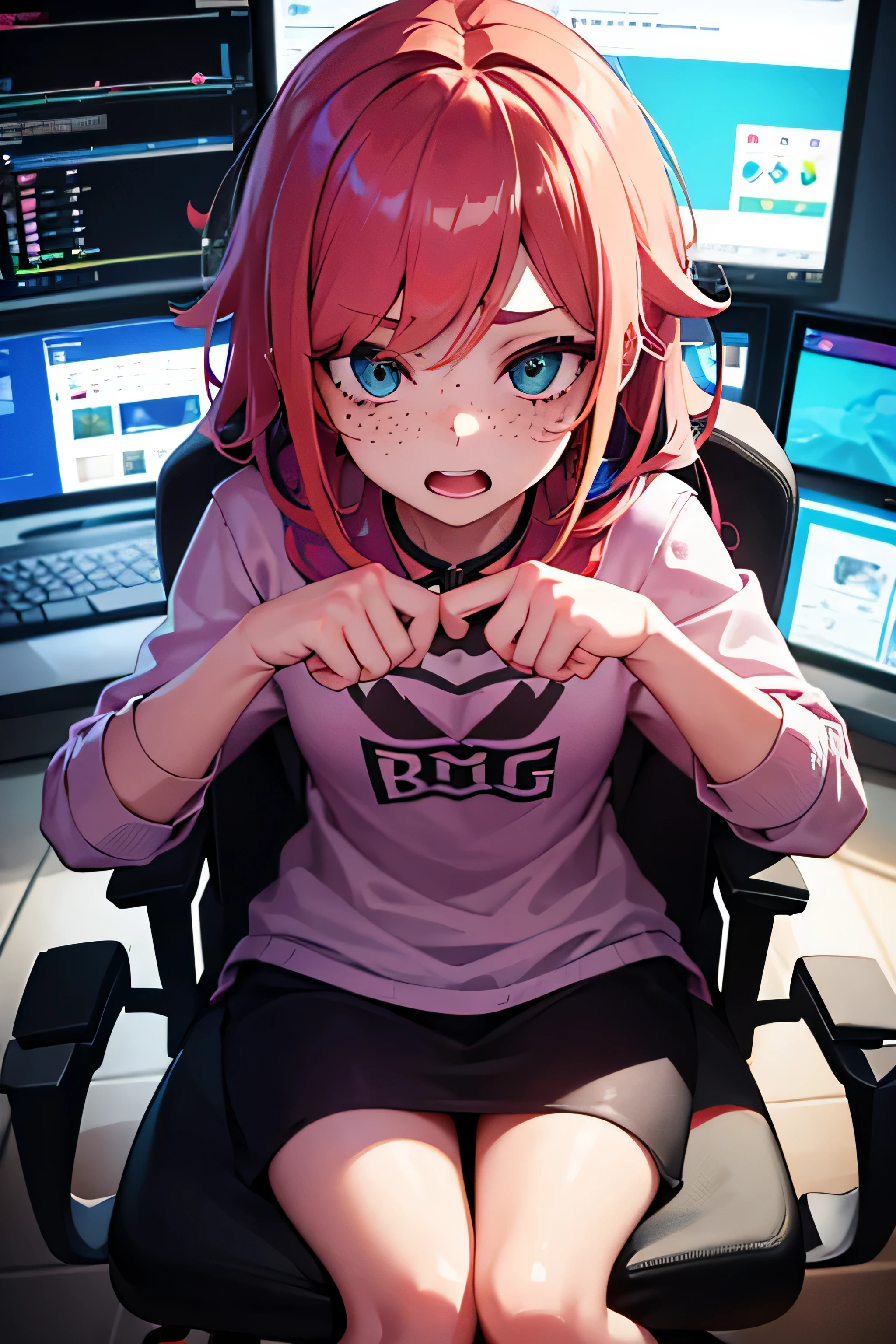 1 girl, freckles, gaming girl, extremly dataled, sit on the gaming chair ,4k, detaled feet, colorful hair, gaming setup, joy face expression, dynamic pose, consolle joystick in hand, full detaled room, detaled hands, top prspective, deatled colorful gaming setup