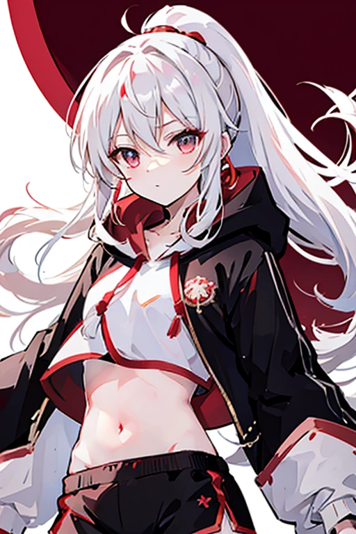 Munakata Shikō, anime girl, long white hair, ponytail, red eyes, white crop top hoodie, black training shorts 