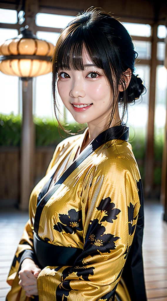 (kimono),random pose,、(highest quality,masterpiece:1.3,超A high resolution,),(Super detailed,caustics),(Photoreal:1.4,RAW shooting,)ultra-realistic capture,very detailed,High resolution 16K human skin close-up、 natural skin texture、Skin tone looks even and healthy、 Use natural light and color,1 girl,Japanese,28 years old,cute,black haired,middle hair,,smile,,(written boundary depth、chromatic aberration、wide range of lighting、natural shading,freckles,mole under left eye