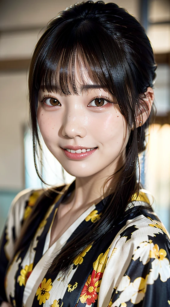 (kimono),random pose,、(highest quality,masterpiece:1.3,超A high resolution,),(Super detailed,caustics),(Photoreal:1.4,RAW shooting,)ultra-realistic capture,very detailed,High resolution 16K human skin close-up、 natural skin texture、Skin tone looks even and healthy、 Use natural light and color,1 girl,Japanese,28 years old,cute,black haired,middle hair,,smile,,(written boundary depth、chromatic aberration、wide range of lighting、natural shading,freckles,mole under left eye