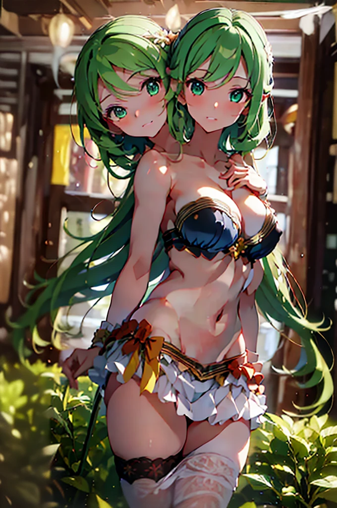 (masterpiece, best quality), best quality, best resolution, (ultra-detailed), (3heads:1.5), 1girl, (mima:1.3), masterpiece, top best quality, ultra quality, ultra resolution, ultra detail, white and blue top, crop top, ((stomach)), midriff, ((groin)), white and blue skirt, miniskirt, normal ears, shackles, green hair, very long hair, wavy hair, sidelocks, green eyes, parted lips, sweat, cute, toned belly, hand on own chest, eyelashes, (26 year old woman:1.3), (masterpiece:1.5), (best quality:1.5), (beautiful detailed), extremely detailed CG, extremely delicate and beautiful, depth of field, (finely detailed face), (perfect details:1.2), (mature female:1.3), wide pelvis, slender, large veiny breast, 16k resolution, highres, very high quality, very high definition, extremely detailed, masterpiece, green hair, long hair, alluring presence, twin braid, short skirt, close up, big tits, young,