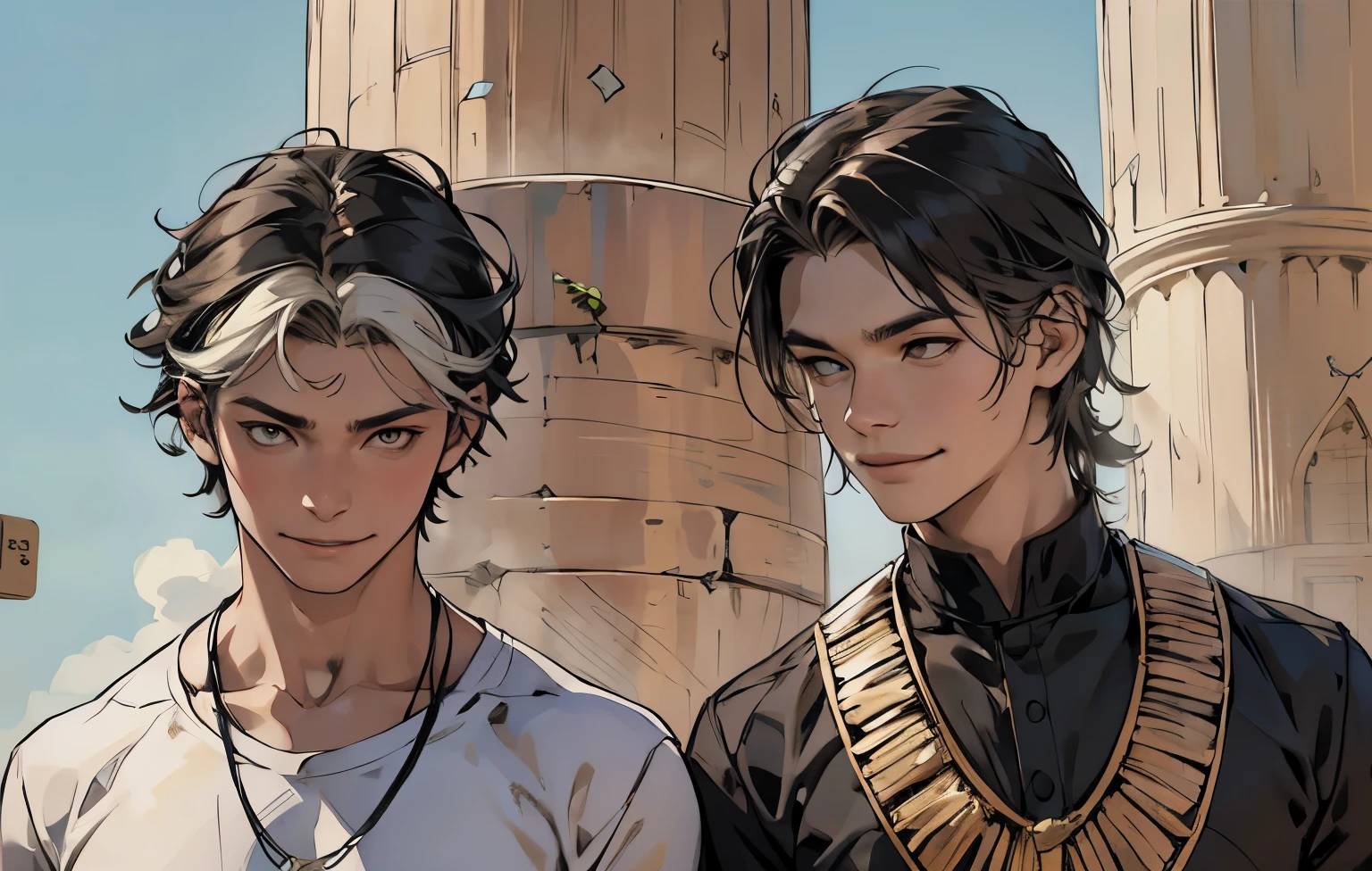 There are two cute 16-year-old boys, they are smiling mischievously.