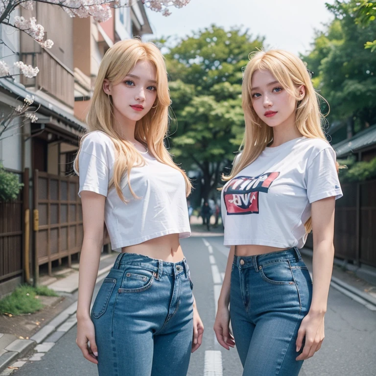 2girl, (Twins), Blue eyes, (smiling), (Sana Minatozaki), wide hips, Big , big ass, (Best Quality, 8k, Masterpiece: 1.3), perfect hands, Clear Focus: 1.2, Perfect Body Beauty: 1.4 , Slender Abs: 1.2, Highly detailed face and skin texture, detailed eyes, double eyelids, red lips, (blonde long hair), white t-shirt, jeans, standing, (with his twin sister :1.4), look back, in a Tokyo neighborhood, sakura trees in the background, deep on field, shorts jeans,