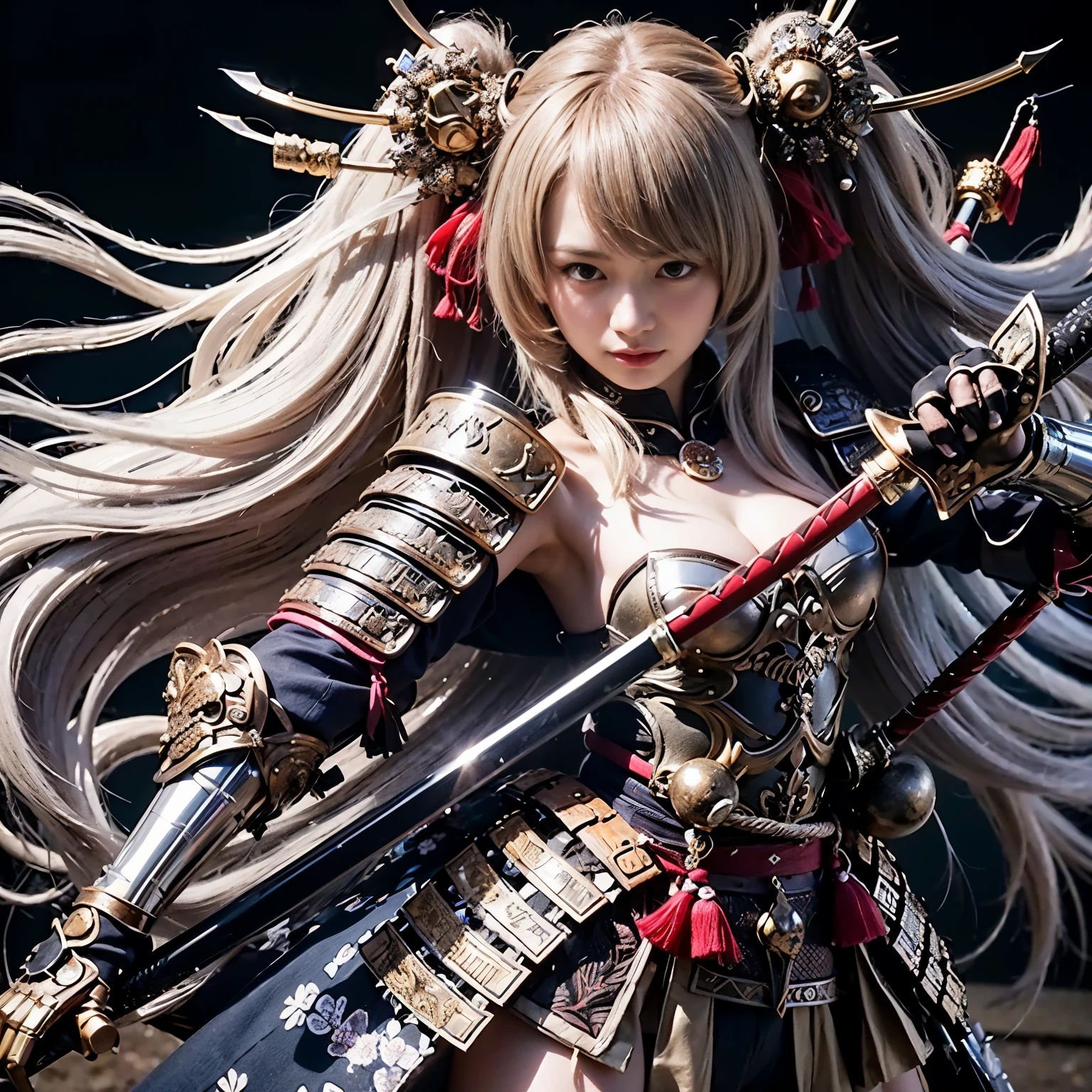 (best quality,4k,8k,highres,masterpiece:1.2), ultra-detailed, (realistic, photorealistic, photo-realistic:1.37), samurai armor, traditional Japanese sword, beautiful girl, kawaii, ponytail, super detailed, hyper-realistic texture, realistic, lifelike photography.