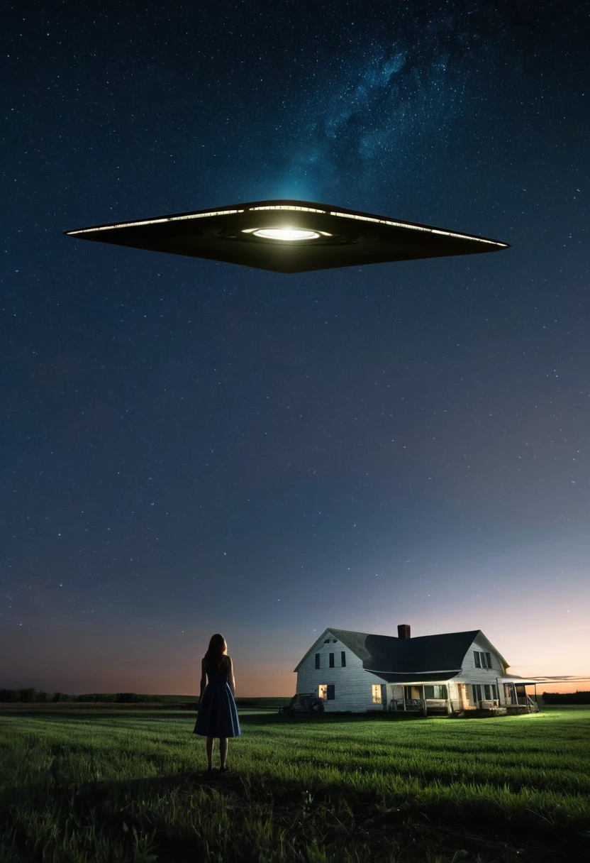 A giant triangular ufo hovers over an amazed woman at night, set on a kansas farmhouse ay night