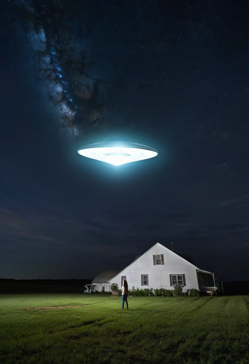 A giant triangular ufo hovers over an amazed woman at night, set on a kansas farmhouse ay night