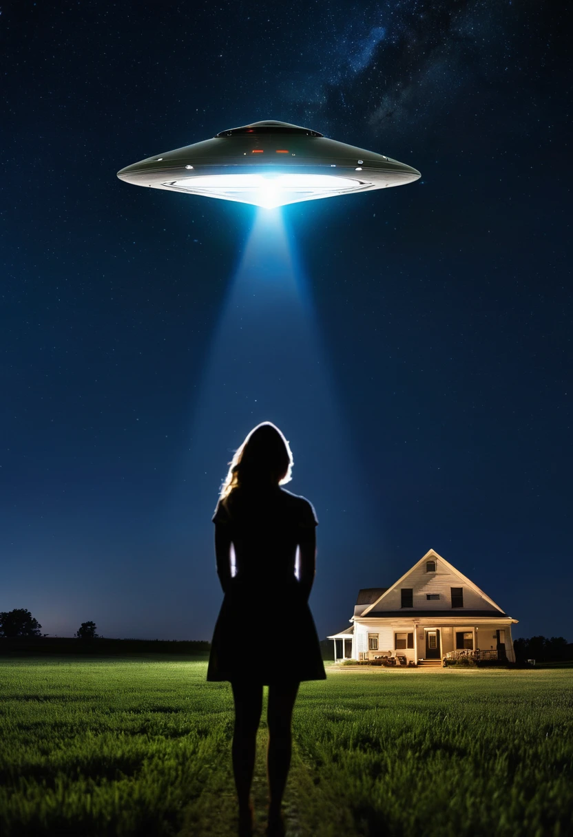 A giant triangular ufo hovers over an amazed woman at night, set on a kansas farmhouse ay night