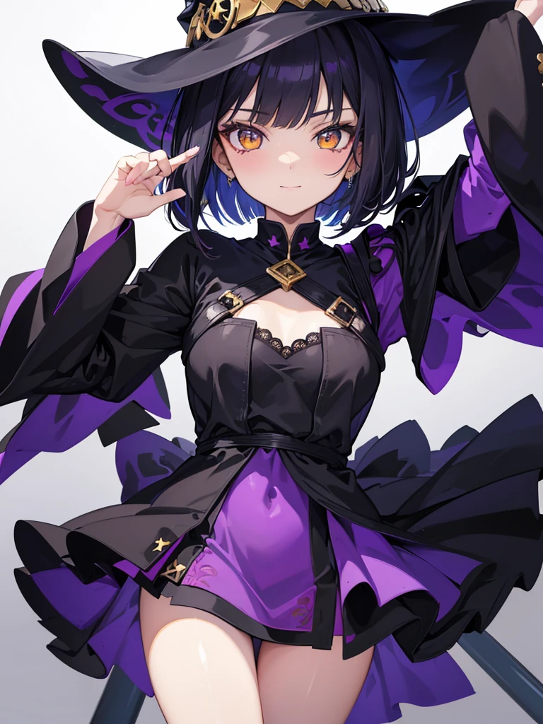 Witch's outfit, Anime-style portrait of a teen-ager girl with a deep violet bob cut, (Golden eyes), bright eyes, detailed eyes, eye contact with the camera, subtle smile, minimalistic background to emphasize character, high contrast, clean lines, digital painting, vivid colors