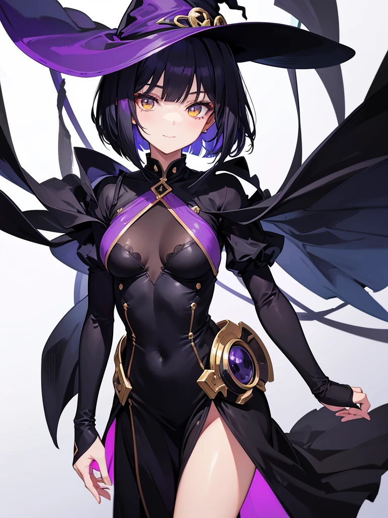 Witch's outfit, Anime-style portrait of a -ager girl with a deep violet bob cut, (Golden eyes), bright eyes, detailed eyes, eye contact with the camera, subtle smile, minimalistic background to emphasize character, high contrast, clean lines, digital painting, vivid colors