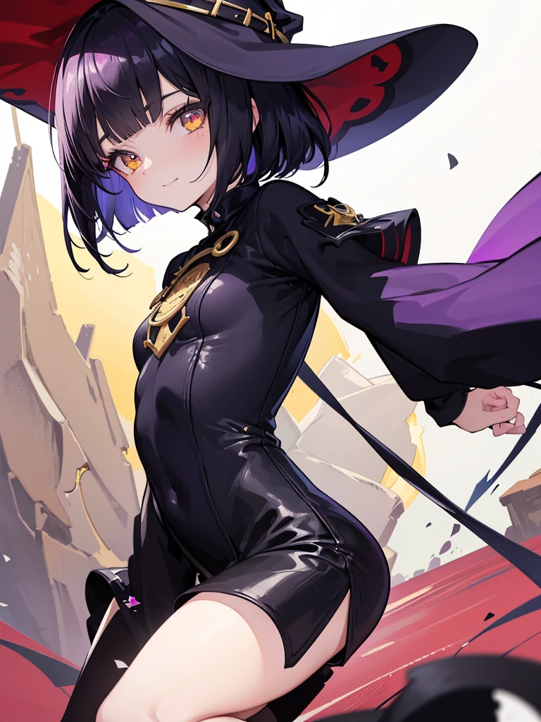 Witch's outfit, Anime-style portrait of a teen-ager girl with a deep violet bob cut, (Golden eyes), bright eyes, detailed eyes, eye contact with the camera, subtle smile, minimalistic background to emphasize character, high contrast, clean lines, digital painting, vivid colors