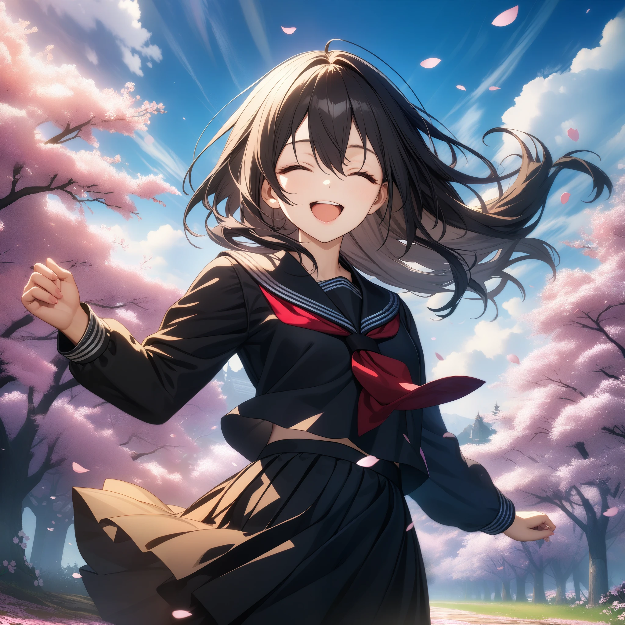 32k, best quality, ultra high res, HDR, UHD, extremely detailed CG, unity 32k wallpaper, solo, hair between eyes, brown eyes, black hair, standing, flower, outdoors, sky, cloud, tree, petals, floating hair, cherry blossoms, pink flower, (black sailor suit), closed eyes, open mouth, smile,