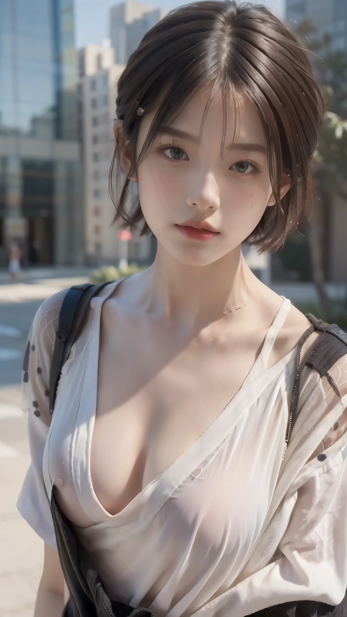 最high quality, masterpiece, 超High resolution, (realistic:1.4), Raw photo, 1 girl,, short hair,, (masterpiece, 最high quality, high quality, High resolution, Super detailed),white shirt,big breasts