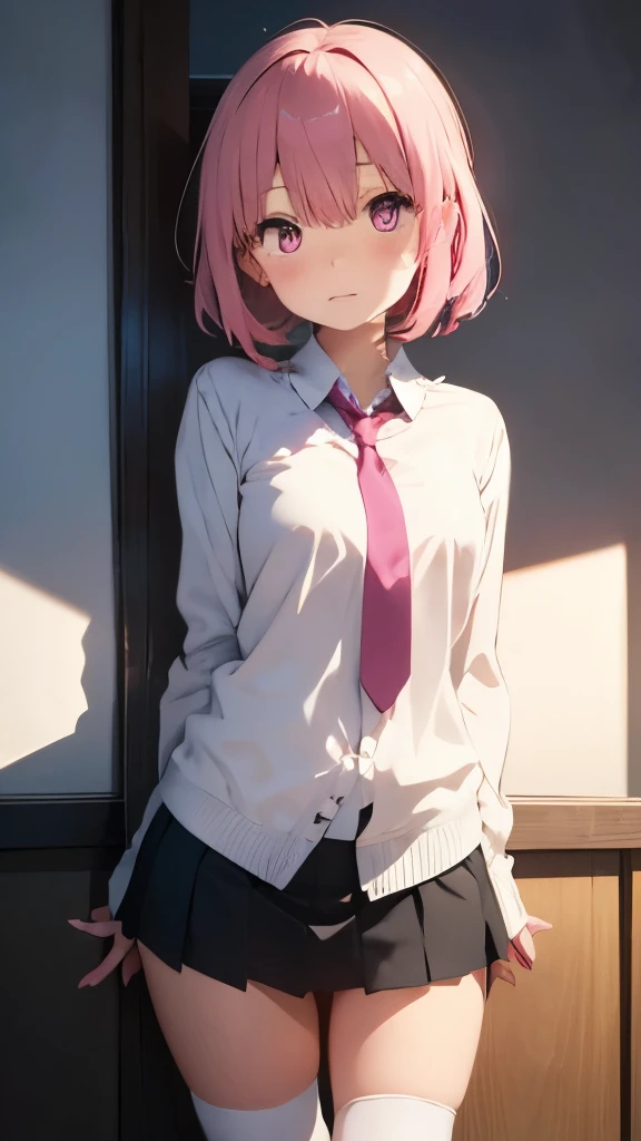 Pink hair and pink tie、anime girl, pink eyes, shy blush、mini skirt、White over-the-knee socks、（No panties、Bare pussy）、standing position、full body shot、dark pubic hair、bristles