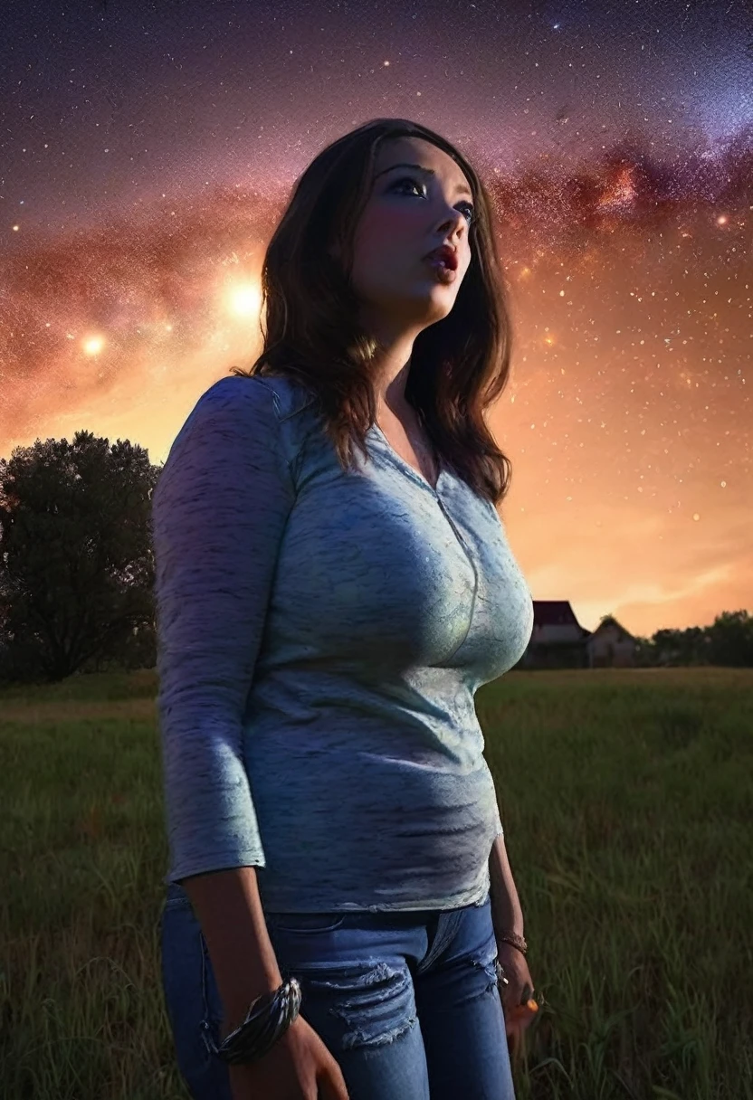 A beautiful angelic warrior woman goddess, with red long flowing curly wild hair, Outerspace, the universe, family of gods, beautiful scenery, heavenly, peaceful, happiness, clouds, Serenity, angelic, colorful, erotic, gothic