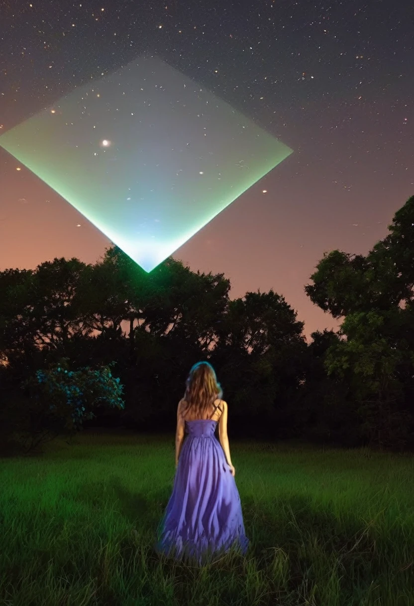 (high quality, 4k, realistic, vivid colors), triangular ufo, hovering over, amazed woman, night scene, kansas farmhouse, mysterious lights, detailed face expression, shining eyes, surprised expression, clear starry sky, dark silhouette, dramatic lighting, glowing lights, surreal atmosphere, illuminated farmhouse, moonlit night, enigmatic encounter, awe-inspiring sight, otherworldly presence, shadowy figure, eerie ambiance, astounded woman, captivating moment