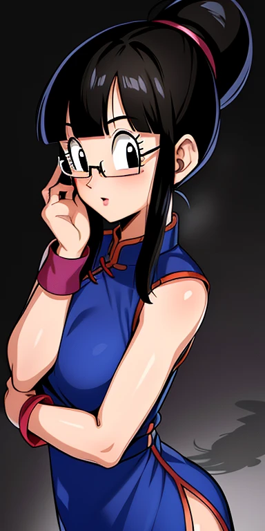 (extremely detailed CG unity 4k wallpaper),(masterpiece),(best quality),(ultra-detailed),(best illustration),(best shadow),(absurdres),(detailed background), Chi Chi (dragon ball), 1girl, solo, black hair, chinese clothes, hands on own face, bangs, blunt bangs, (ponytail), black eyes, china dress, sleeveless, dress, ponytail, hands on own cheeks, wristband, sleeveless dress, upper body, blue dress, :o, long hair, eyelashes, glasses