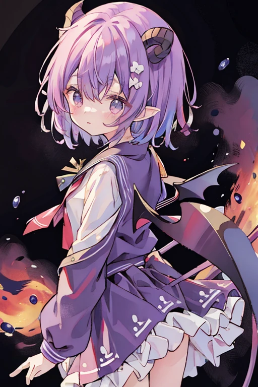 absurderes, hight resolution, (Anime style:1.1), ((masutepiece)), ((Best Quality)), (Ultra-detailed), (Beautiful), solo, Beautiful face、Cute  s,Purple hair、Hair long、long、Pink eyes、Hair flutters in the wind、Purple sailor suit、Dark blue hoodie、Dark blue jacket、Purple tie、Purple skirt、cute little、(masutepiece、masutepiece、8K)Floating in the air(Diabolical、Devil's Wings)(((Diabolical)))(((a sailor suit)))((Devil's Tail))Background: dark color、Background Simple(((Diabolical))))、Looks Back、Viewer's Perspective((facing back、Looks Back))、((((short-hair))))Devil's Tail((demonic horns、horn))