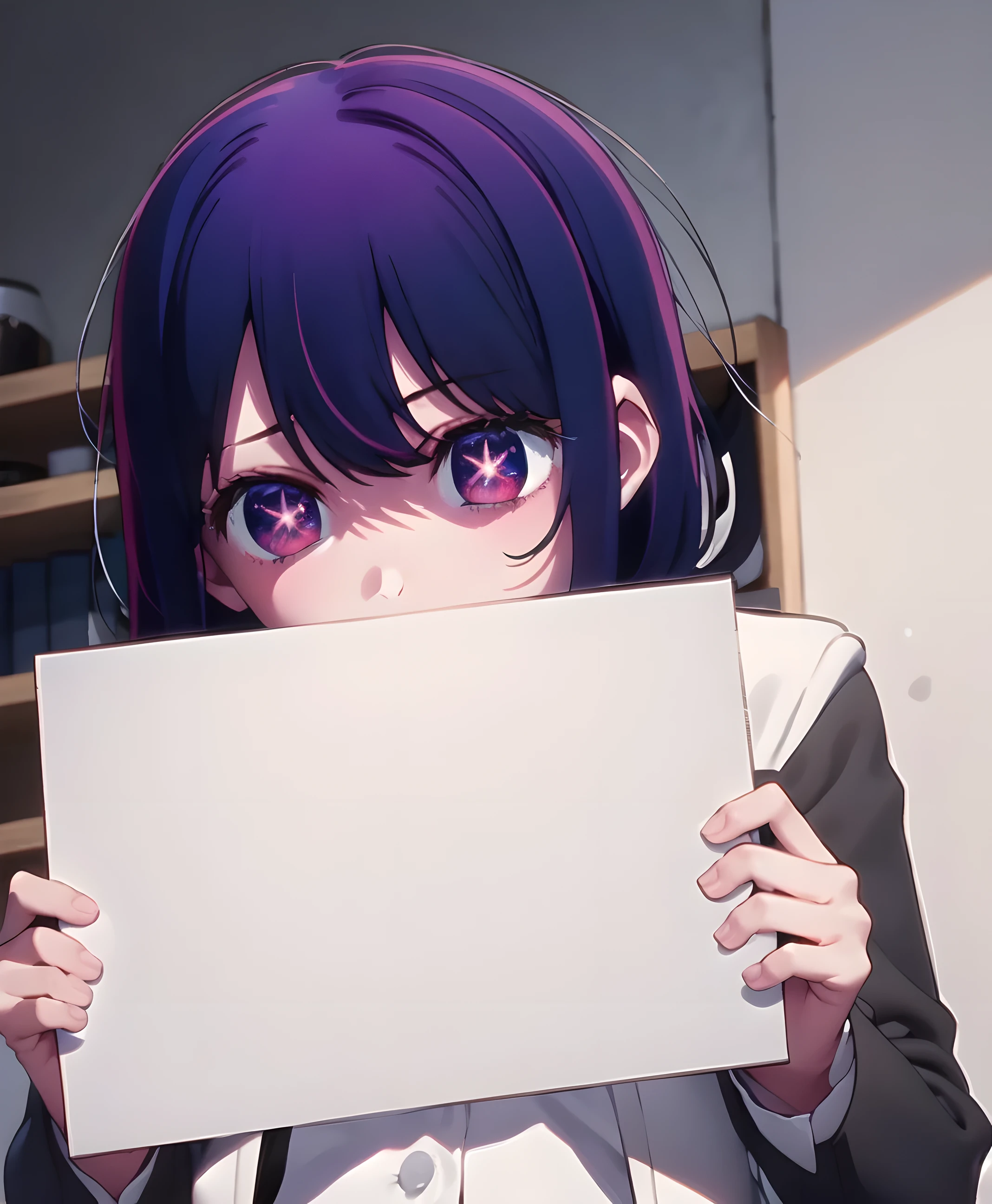 Ai, white and blue theme, indoors, blank sign, holding blank sign,star pupil eye, glowing eye, serene_\(riviera\), blue_capelet, white_coat, black_bodysuit, black_headwear, bandages, short_hair,, ultra detailed, masterpiece, best quality, aesthetic, detailed,