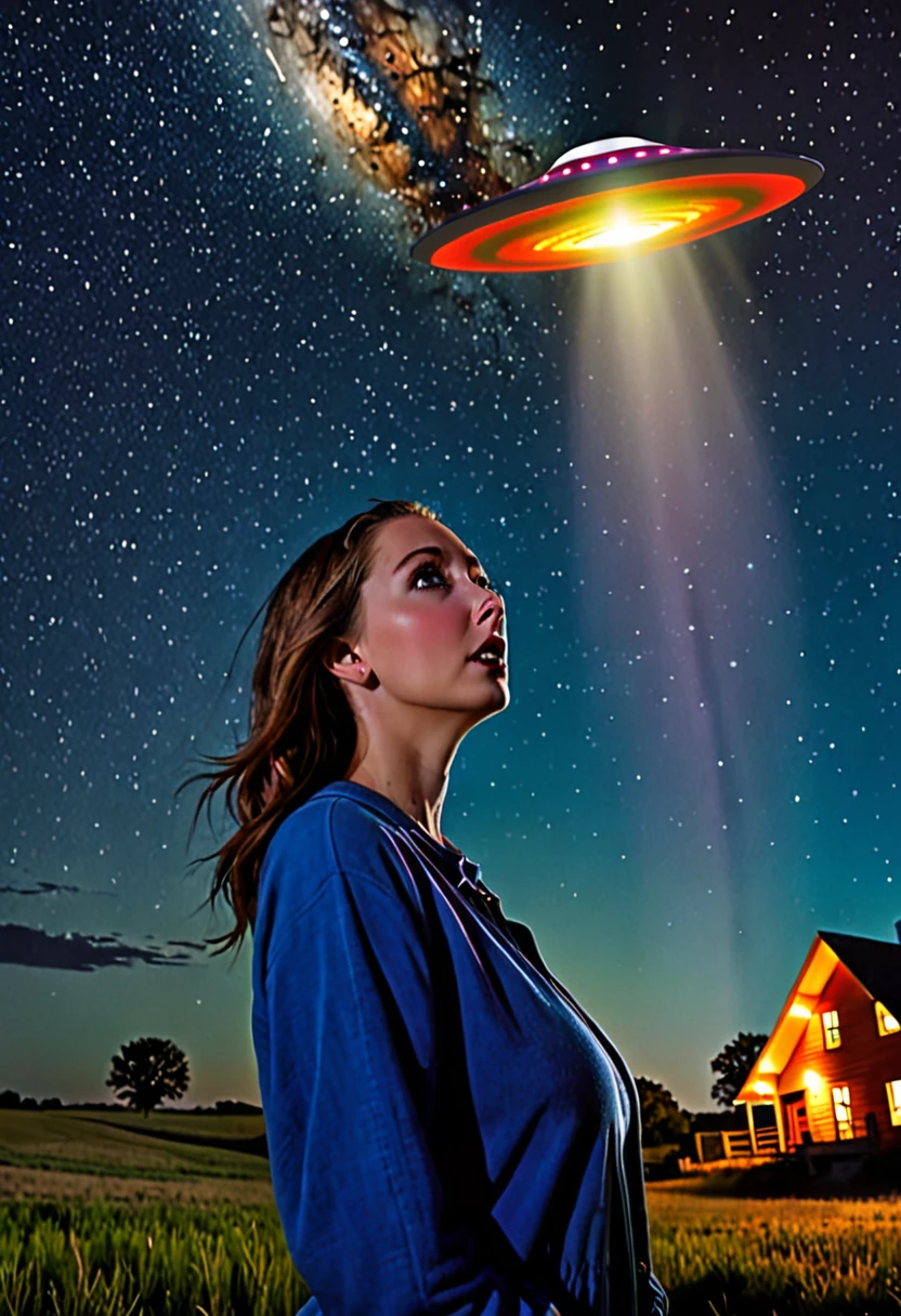 (high quality, 4k, realistic, vivid colors), triangular ufo, hovering over, amazed woman, night scene, kansas farmhouse, mysterious lights, detailed face expression, shining eyes, surprised expression, clear starry sky, dark silhouette, dramatic lighting, glowing lights, surreal atmosphere, illuminated farmhouse, moonlit night, enigmatic encounter, awe-inspiring sight, otherworldly presence, shadowy figure, eerie ambiance, astounded woman, captivating moment