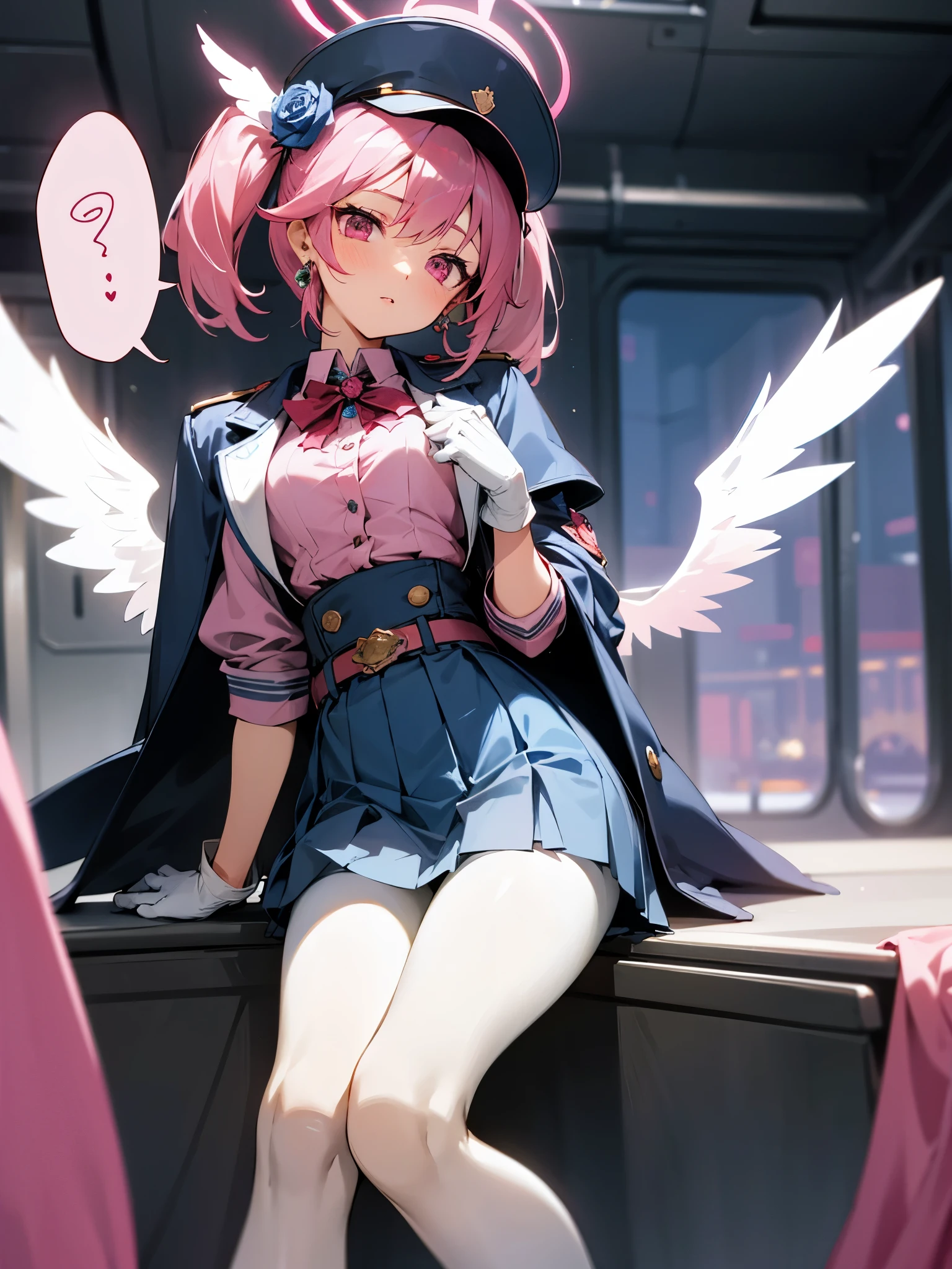 1girl,armband,belt,black wings,blue armband,blue jacket,blue skirt,blurry,blurry background,buttons,cosplay,cropped jacket,double-breasted,earrings,feet out of frame,flower,gloves,hair flower,hair ornament,halo,hat,head tilt,head wings,highlander sidelocks conductor,jacket,jewelry,knees together feet apart,medium hair,panties,pantyhose,pink eyes,pink hair,pleated skirt,robot,rose,shako cap,shirt,skirt,solo focus,speech bubble,spoken squiggle,squiggle,tearing up,train interior,twintails,underwear,white gloves,white panties,white pantyhose,white shirt,wings 