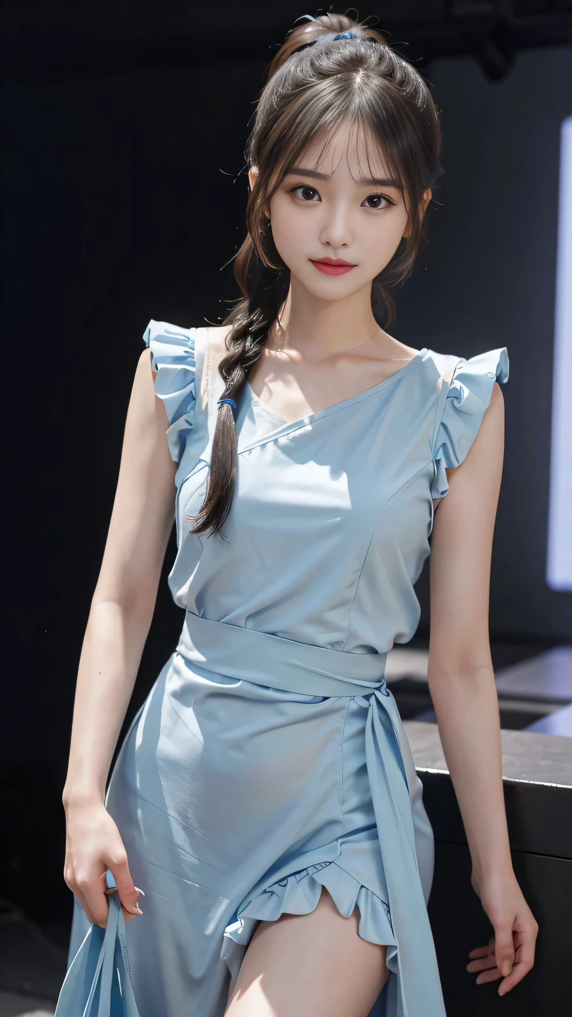 close up face,standing on stage,Blue colored long dress with lots of ruffles,One woman,masutepiece, The highest image quality, High quality, the background is clear,Beautiful woman, Japanese, Detailed, Detailed eyes, Detailed skin, Beautiful skin, 超hight resolution, (reality: 1.4),Very beautiful woman, Slightly younger face, Beautiful skin, slender, (Ultra photo realsisim), (hight resolution), (8K), (Very detailed) (beautifully detailed eyes), (super detailed), (Detailed face), view the viewer, Fine details, Detailed face, Staring straight ahead, Staring straight ahead, photos realistic, Bright lighting, Professional Lighting, Black hair,poneyTail,a ,fifteen ye is ponytail,long ponytail hairstyle,slight smile,neat and tidy clothing,Beautiful Japanese KPOP idol photo, hair style is ponytail, my eyes are double and wide, baby face, smile and look ahead, slender, small breasts,Blue ribbon on head,