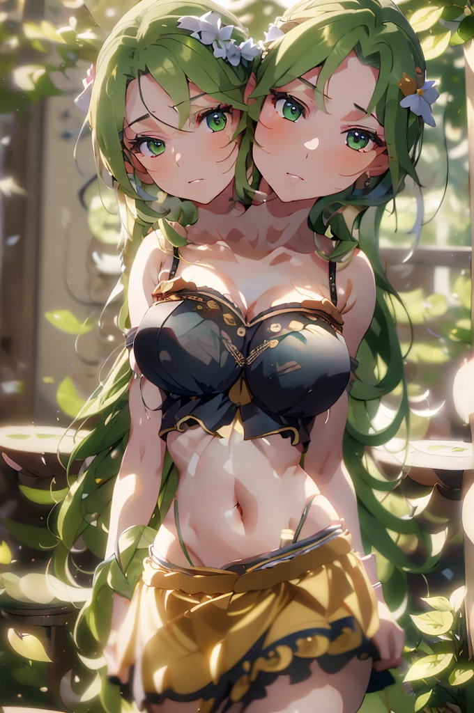 (masterpiece, best quality), best quality, best resolution, (ultra-detailed), (3heads:1.5), 1girl, (mima:1.3), masterpiece, top best quality, ultra quality, ultra resolution, ultra detail, white and blue top, crop top, ((stomach)), midriff, ((groin)), white and blue skirt, miniskirt, normal ears, shackles, green hair, very long hair, wavy hair, sidelocks, green eyes, parted lips, sweat, cute, toned belly, hand on own chest, eyelashes, (26 year old woman:1.3), (masterpiece:1.5), (best quality:1.5), (beautiful detailed), extremely detailed CG, extremely delicate and beautiful, depth of field, (finely detailed face), (perfect details:1.2), (mature female:1.3), wide pelvis, slender, large veiny breast, 16k resolution, highres, very high quality, very high definition, extremely detailed, masterpiece, green hair, long hair, alluring presence, twin braid, short skirt, close up, big tits, young,