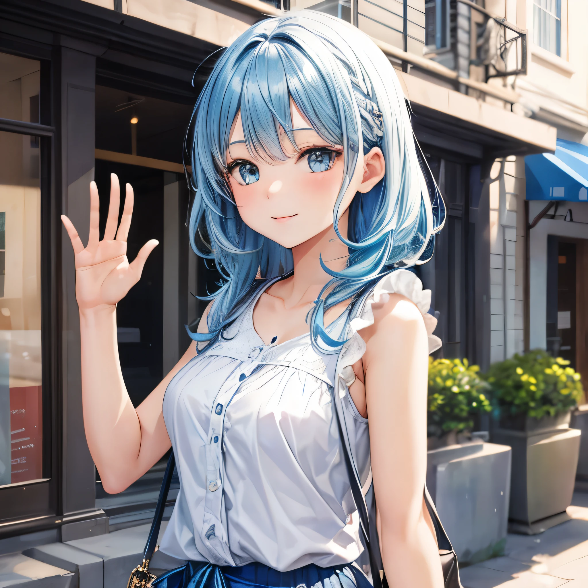 1girl, bluenette hair, light blue hair, next door girl, greeting, morning, waving