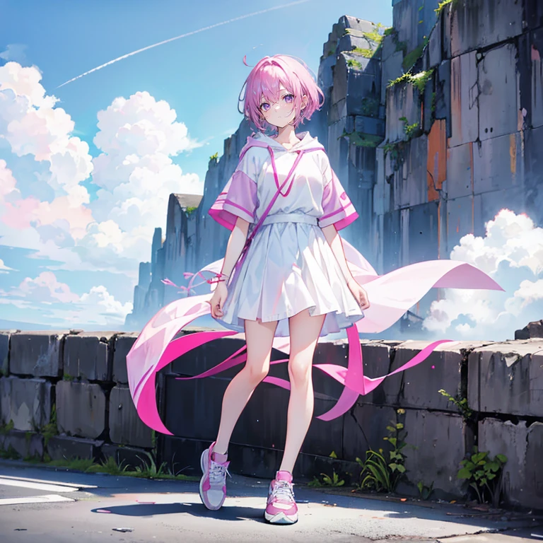 pink hair，purple eyes，short hair，sister head，earring ，Two black hairpins，girl，cute，，white shirt，skirt，cloak，Wearing sneakers，Stand up exercise，whole body，Don't show your arms，The background is the port，Blue sky and white clouds，