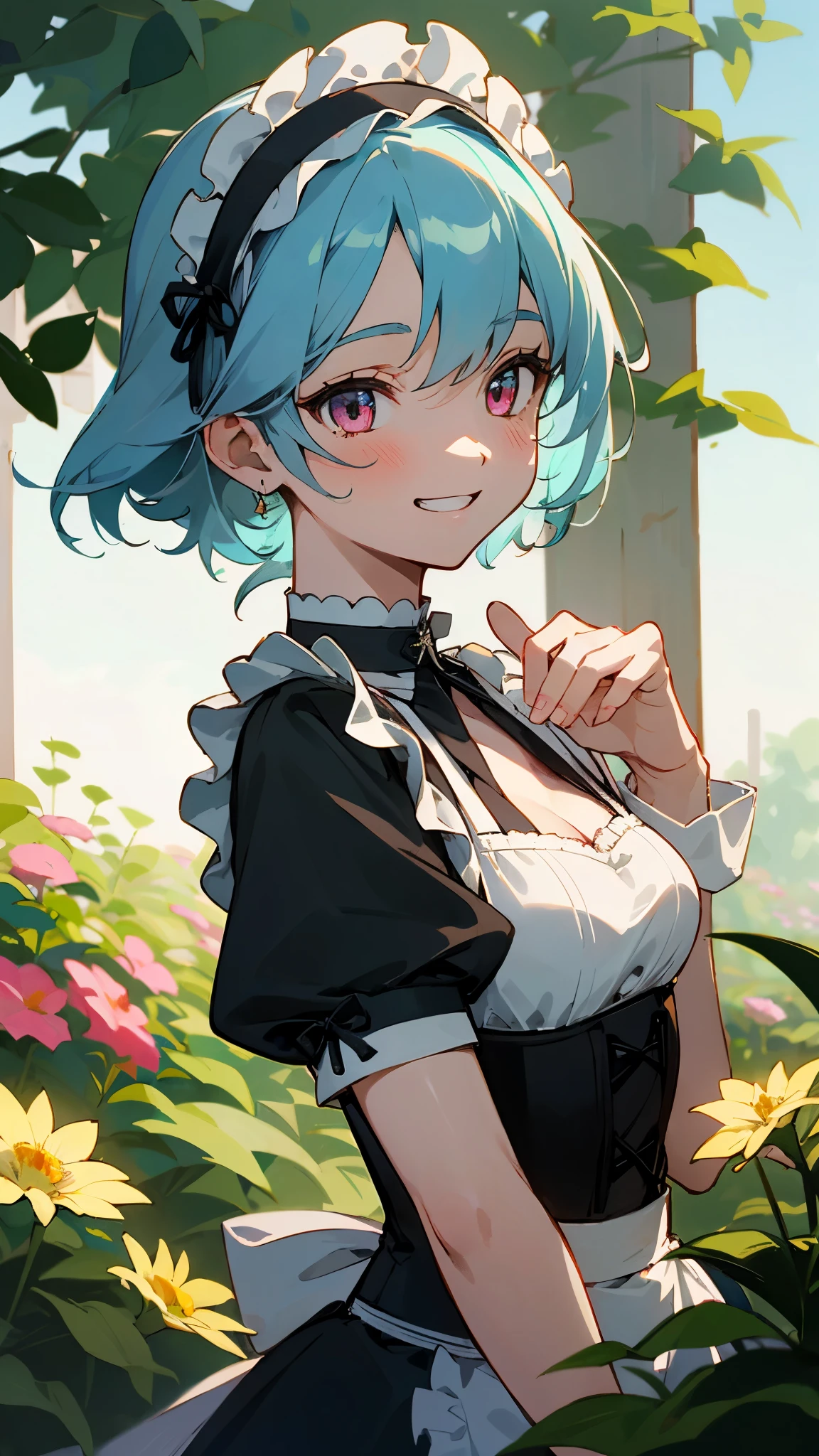 very delicate、1 beautiful girl、anime painting、highest quality、masterpiece、super detailed illustrations、upper body close-up、the most knowledgeable girl、fluffy hair、light blue hair、beautiful pink eyes、grin、round face、colored skin、perfect female body、From the side、Black shirred maid dress、apron、Black corset with straps、headband、Choker Ribbon、cufflinks、shiny、outdoor、garden、bright、cinematic lighting、sharp outline