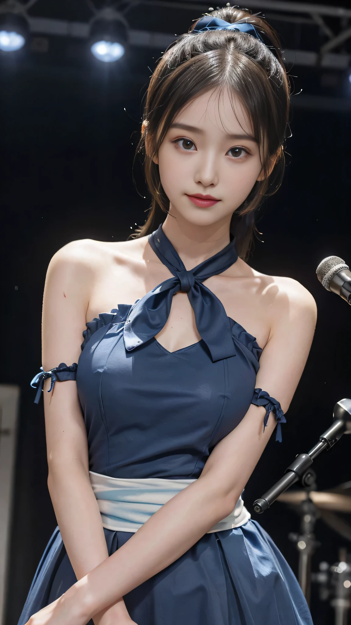 close up face,standing on stage,Blue colored long dress with lots of ruffles,One woman,masutepiece, The highest image quality, High quality, the background is clear,Beautiful woman, Japanese, Detailed, Detailed eyes, Detailed skin, Beautiful skin, 超hight resolution, (reality: 1.4),Very beautiful woman, Slightly younger face, Beautiful skin, slender, (Ultra photo realsisim), (hight resolution), (8K), (Very detailed) (beautifully detailed eyes), (super detailed), (Detailed face), view the viewer, Fine details, Detailed face, Staring straight ahead, Staring straight ahead, photos realistic, Bright lighting, Professional Lighting, Black hair,poneyTail,a baby face,fifteen years old,Hairstyle is ponytail,long ponytail hairstyle,slight smile,neat and tidy clothing,Beautiful Japanese KPOP idol photo, hair style is ponytail, my eyes are double and wide, baby face, smile and look straight ahead, slender, small breasts,Blue ribbon on head,