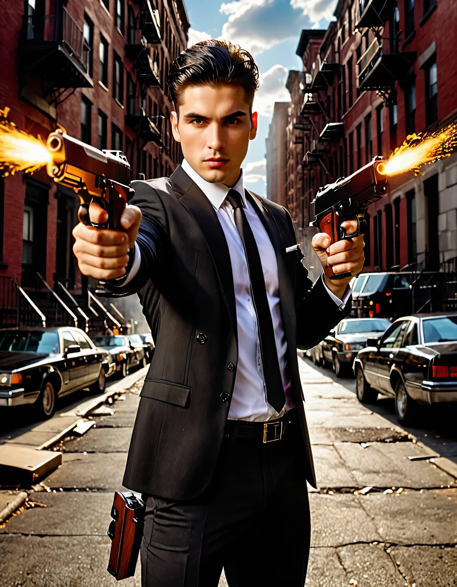 (best illumination, high contrast, sharp details), (a person:1.2+male) mobster, black suit and tie, white shirt, black slacks, black polished shoes, standing, dynamic action pose, holding dual pistols, beretta 92, muzzle flash, shell casings, gunsmoke, bullet holes, aiming at viewer, black hair, brown hair, short hair, groomed hair, age 28, intense action, brooklyn, high-end apartment backdrop, vivid colors, high saturation, dramatic shadows.