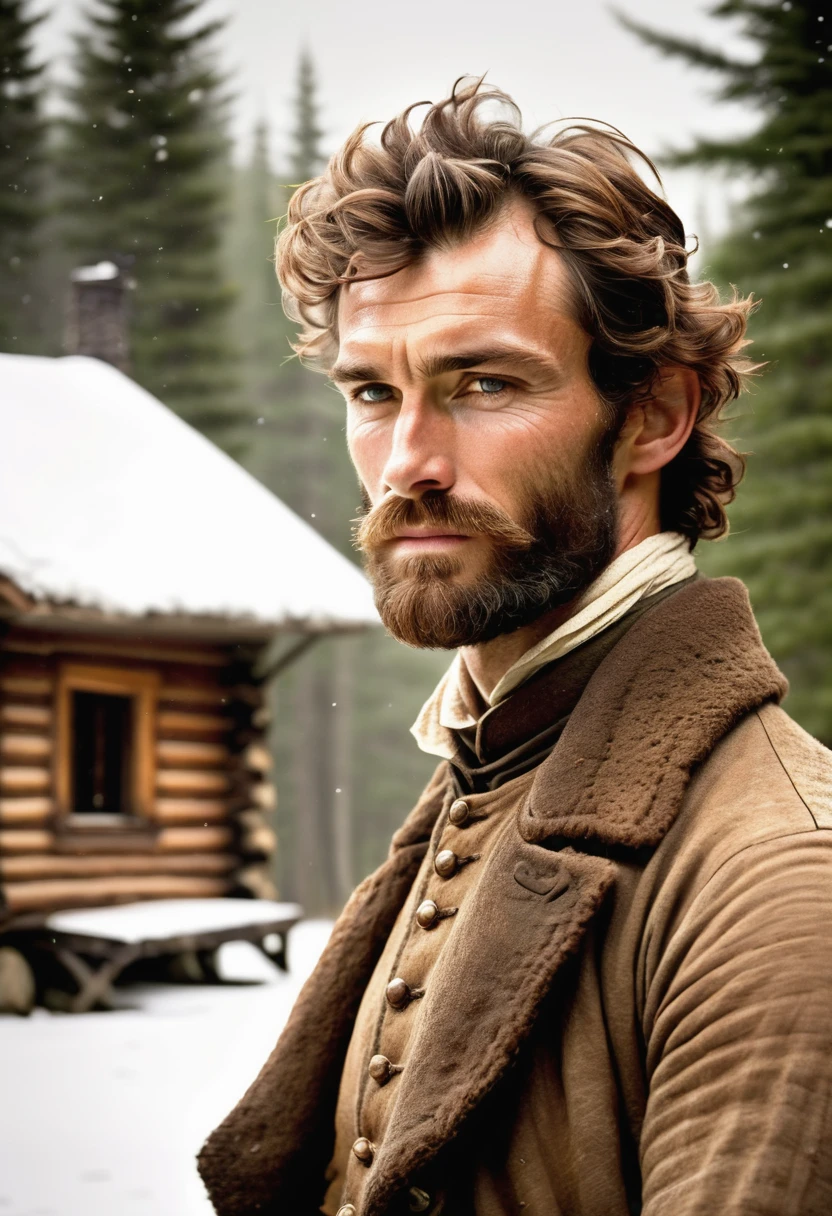 (highly detailed, soft light, photorealistic, dynamic light; cinematic); victorian era; 1820s; 33 years old man; Scottish; 1820s gentleman; leadership figure; strong; strikingly handsome; confident and intensely alluring; wild man aesthetic; defined cheekbones; defined strong jawline; longer chin; handsome face; strapping; tough but romantically interested expression; masculine face with several scars; charismatic; grizzled; sensual; strong aristocratic nose; manly passionate air; very attractive; burly broad stature; broad strong shoulders; ruddy weathered skin; long stubble beard; natural light-blue eyes; thick strong chestnut-brown eyebrows; carefully-shaped 1820s sideburns; 1820s old thick brown coat; short tousled chestnut-brown hair in 1820's hairstyle; full firm masculine lips; standing outside a cosy log cabin during a snowy day in 1820's Canada; looking at camera