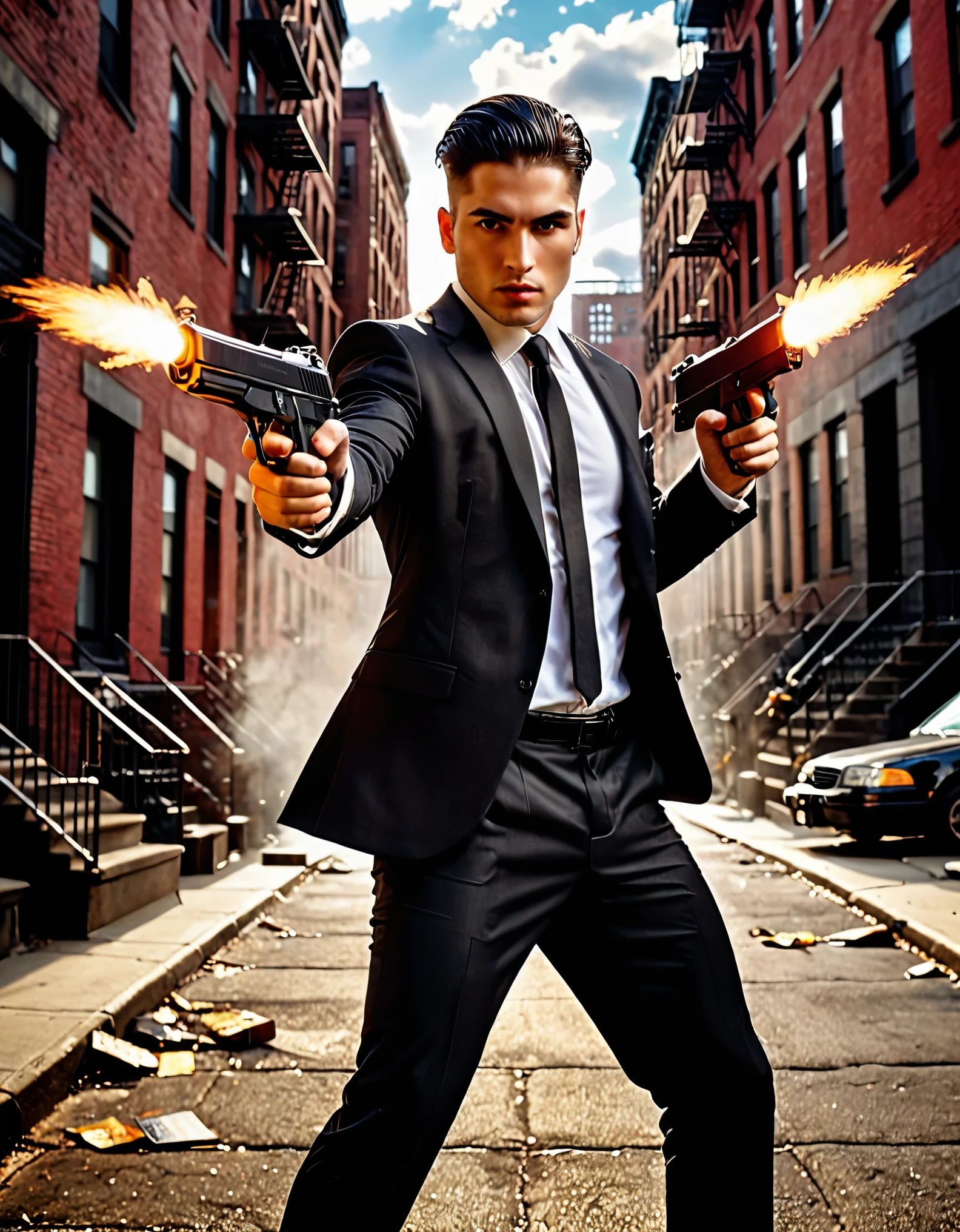 (best illumination, high contrast, sharp details), (a person:1.2+male) mobster, black suit and tie, white shirt, black slacks, black polished shoes, standing, dynamic action pose, holding dual pistols, beretta 92, muzzle flash, shell casings, gunsmoke, bullet holes, aiming at viewer, black hair, brown hair, short hair, groomed hair, age 28, intense action, brooklyn, high-end apartment backdrop, vivid colors, high saturation, dramatic shadows.