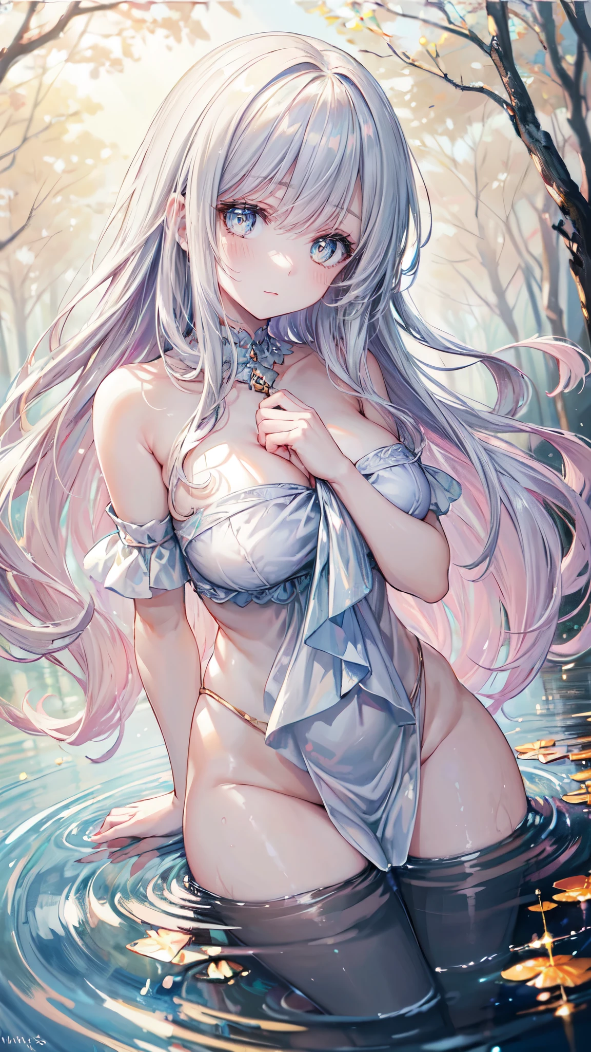 (detailed woman face, detailed eyes:1.1, light:1.1, sparkles everywhere), water, oil painting, vibrant colors, serene, soft lighting, flowing hair, graceful posture, shimmering reflections, tranquil atmosphere, gentle ripples, ethereal beauty, vivid brushstrokes., half naked, big breasts