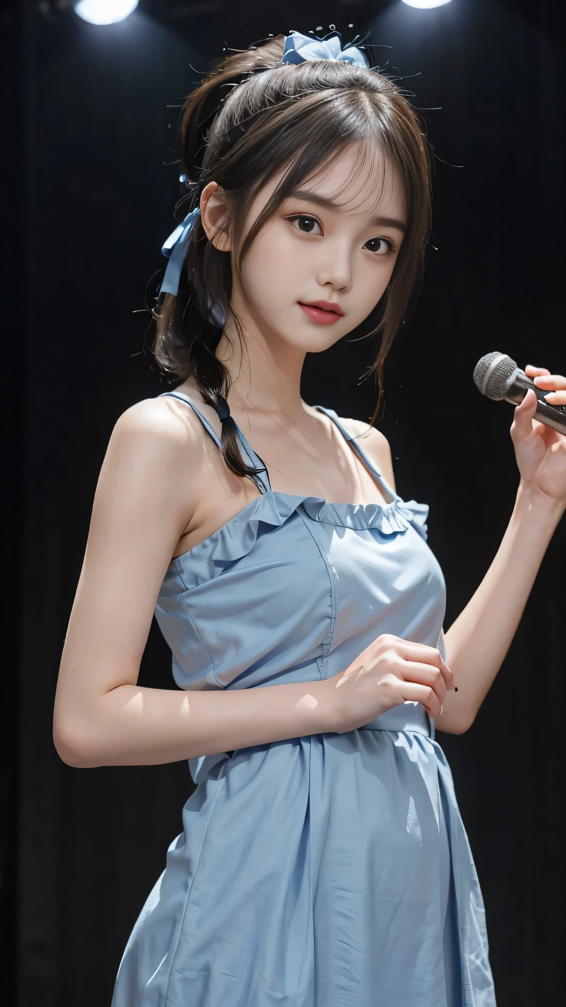close up face,standing on stage,Blue colored long dress with lots of ruffles,One woman,masutepiece, The highest image quality, High quality, the background is clear,Beautiful woman, Japanese, Detailed, Detailed eyes, Detailed skin, Beautiful skin, 超hight resolution, (reality: 1.4),Very beautiful woman, Slightly younger face, Beautiful skin, slender, (Ultra photo realsisim), (hight resolution), (8K), (Very detailed) (beautifully detailed eyes), (super detailed), (Detailed face), view the viewer, Fine details, Detailed face, Staring straight ahead, Staring straight ahead, photos realistic, Bright lighting, Professional Lighting, Black hair,poneyTail,a baby face,fifteen years old,Hairstyle is ponytail,long ponytail hairstyle,slight smile,neat and tidy clothing,Beautiful Japanese KPOP idol photo, hair style is ponytail, my eyes are double and wide, baby face, smile and look straight ahead, slender, small breasts,Blue ribbon on head,