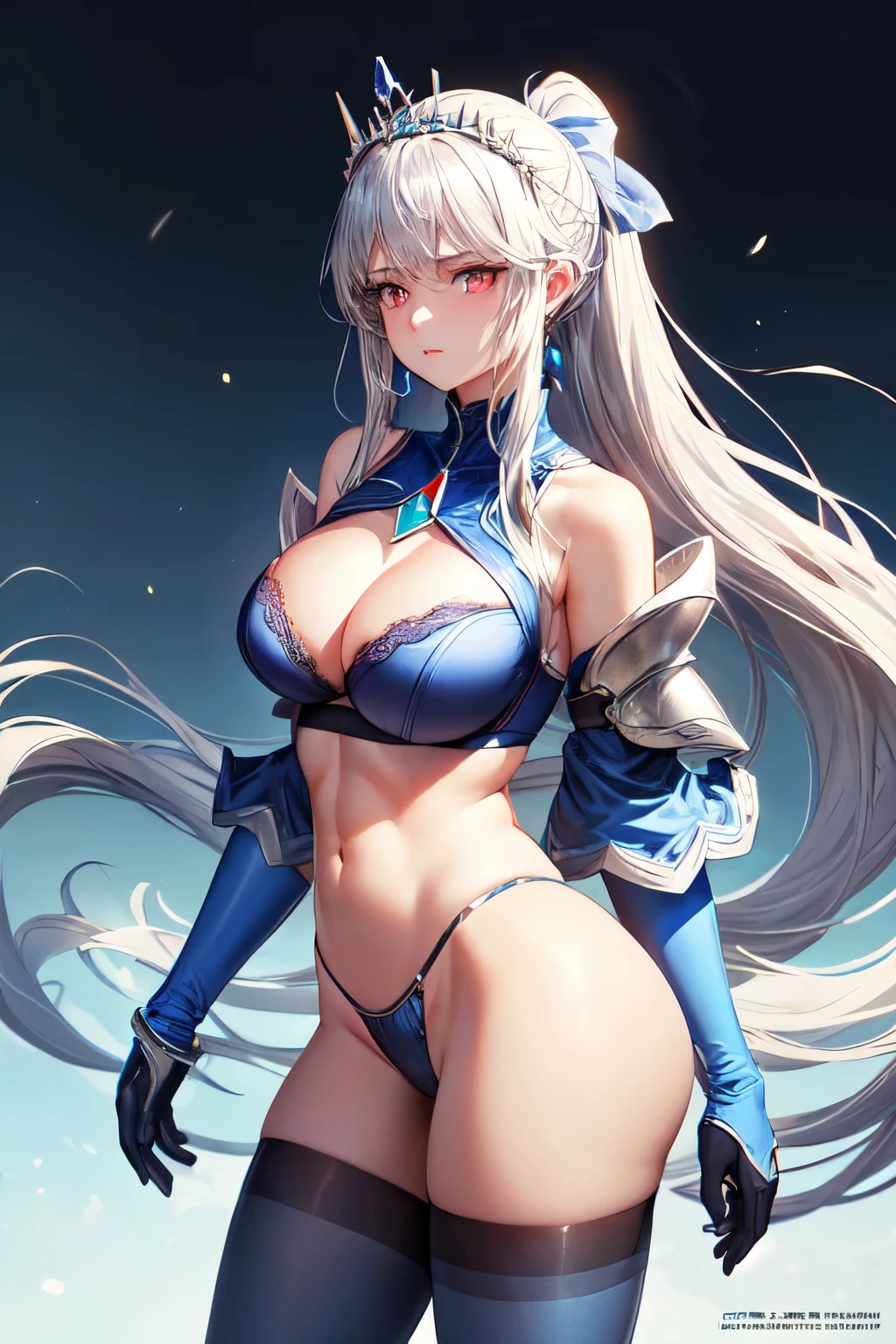 ((Mejor calidad)), ((obra maestra)), (detallado), cara perfecta, young woman, dark blue hair, long hair tied in the shape of a ponytail, ((silver tiara with a blue gem in the center)), slender body, tall woman, ((light blue skin)), ((pale woman)), ((bright red eyes)), ((military bra dark blue color)), ((dark blue pantyhose)), ((dark blue thong)), long bluish metal boots, bluish metal bracers, blue silver war design bow, dark blue metal shoulder pads, ((large chest)), ((H cup chest)), abdomen ((slightly ripped)), athletic build, ((big ass)), anime art style