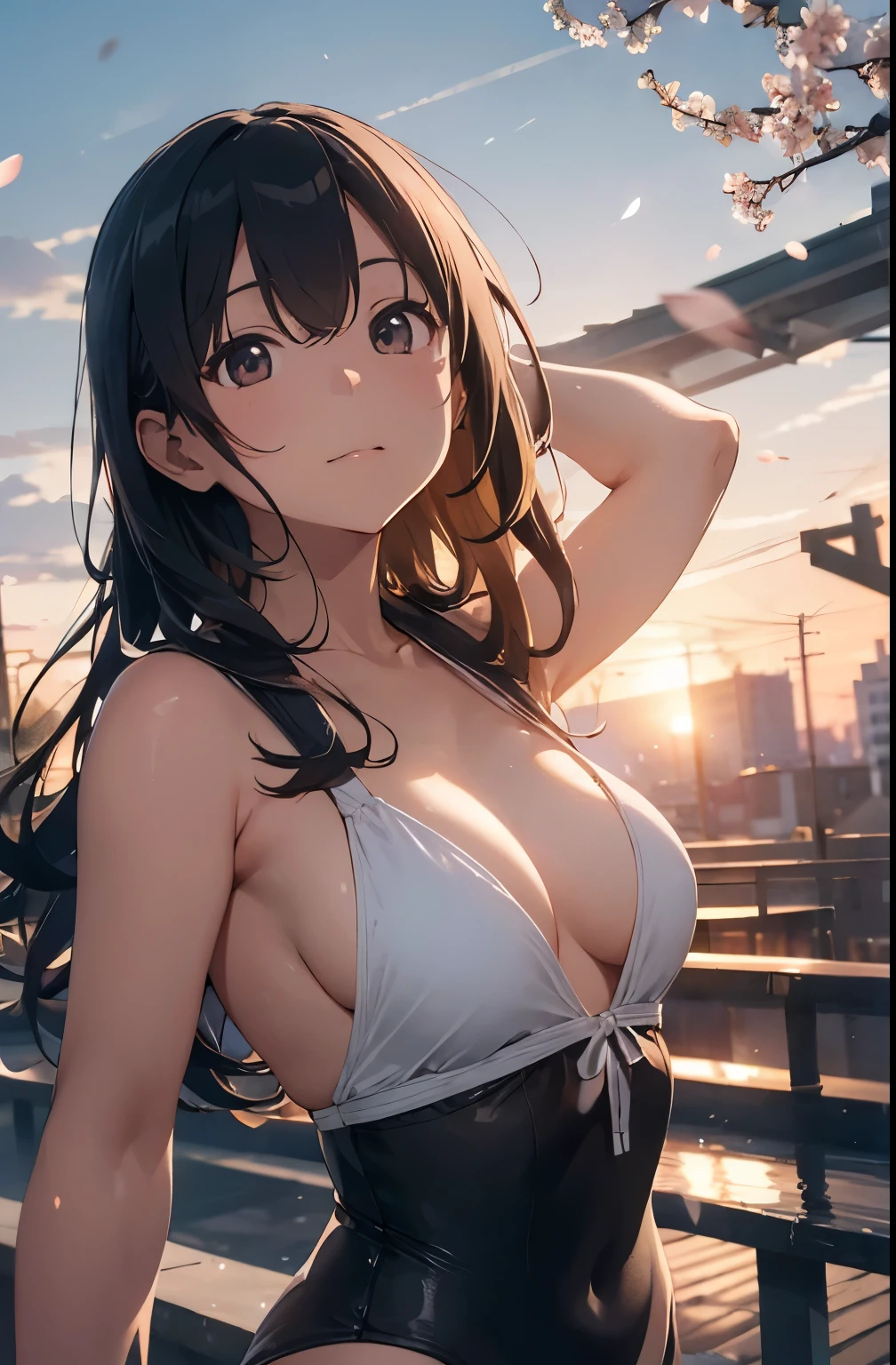 On the rooftop during golden hour、Background night city skyline, Beautiful Japanese woman photographed in sexy swimsuit, towards the camera. She wears a white swimsuit, Minimalist white swimsuit, Her long green hair is blowing gently in the breeze. A golden light surrounds her, Creating a silhouette effect, Capture the moment when the background changes from day to night. After her, Cherry blossom scenery in full bloom、Capture moments of serene beauty, Demonstrating the peaceful coexistence of city life and nature.
• Mode: manual mode、exposed、Fine-tune your shutter speed。
• Aperture (F-Score): f2.8〜Set to F4 range.、Make your subject stand out、Beautifully blurring the cherry blossoms in the background。
• Shutter speed: 1. Capture the Movement/Please select 250 seconds or more。A quiet pose or、If you want to capture the moment when the petals fall、Adjusting the Shutter Speed。
For shooting in bright outdoor conditions、Set to 100 or 200、Keep it as low as possible。
seaweed、seaweed、seaweed、seaweed、seaweed、seaweed、