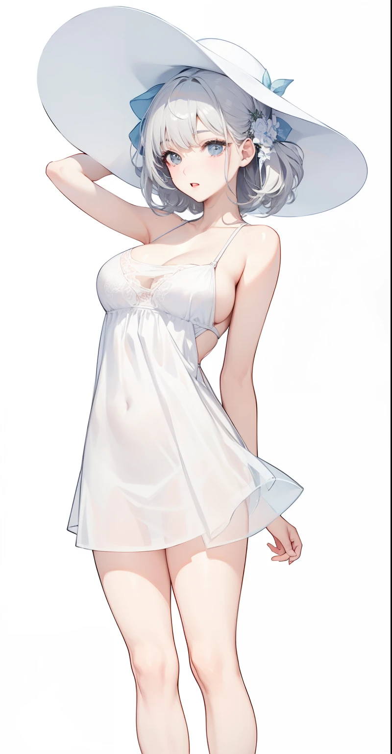 big breasts:1.5、、highest quality、very detailed、Very realistic eye masterpiece、highest quality、very detailed、gray hair、perfect face、long hair、white dress、sundress、nsfw