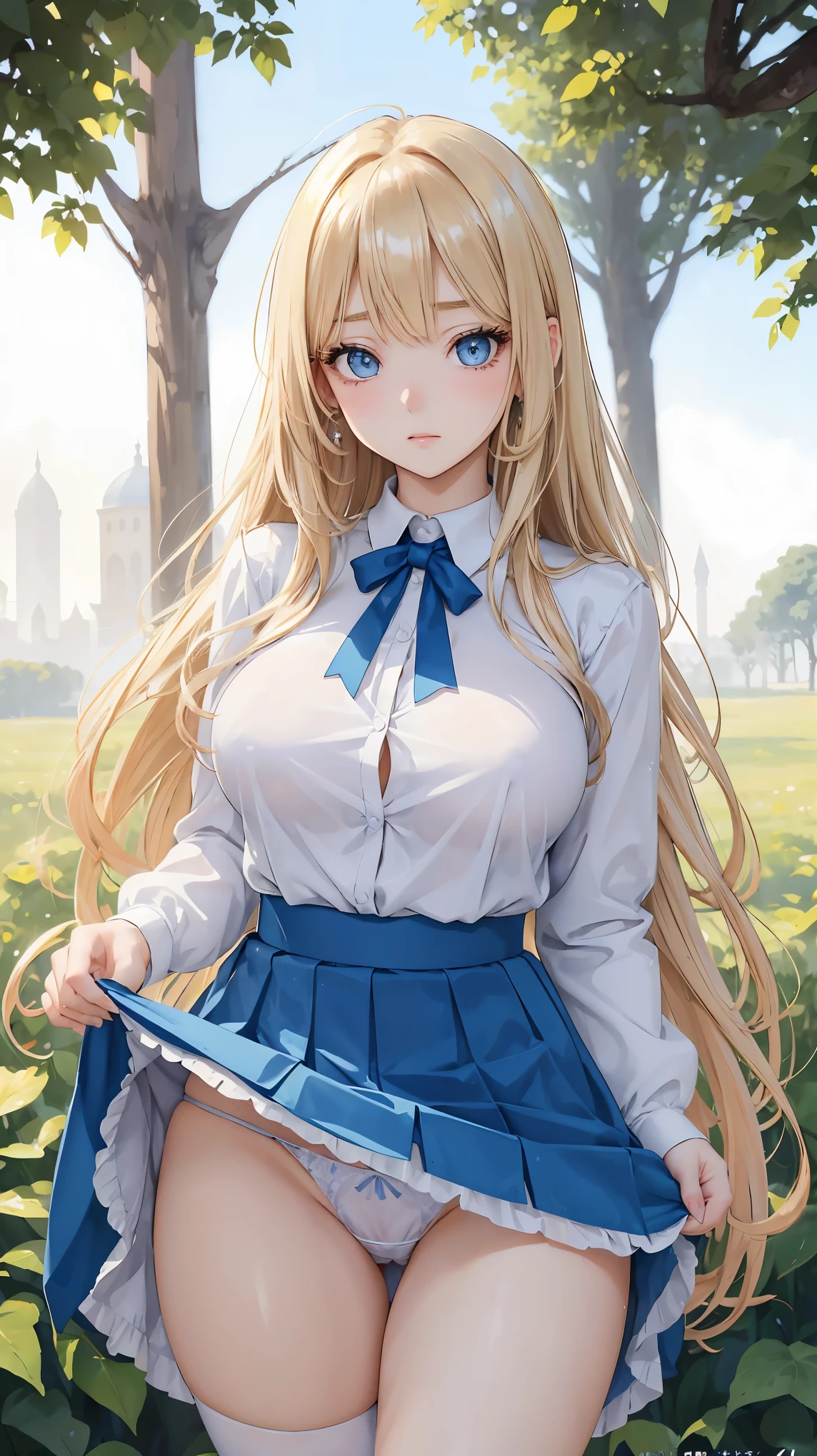 (masterpiece:1.2), (highest quality:1.2), Curvy but slender body, perfect eyes, perfect face, perfect lighting, 1 girl, long hair, curly hair, fine clothes, detailed outdoor background, compensate, eye shadow, thick eyelashes, fantasy, (valkyrie)、whole body,alice in wonderland、Bright and beautiful face、young shiny glossy white shiny skin、the best beauty、the most beautiful bright blonde hair in the world、thin hair、super long straight hair、Shining beautiful bangs、Shining crystal clear big blue eyes、Very beautiful lovely most beautiful girl in the world、big and full breasts、((She shyly lifts her skirt to show her panties))