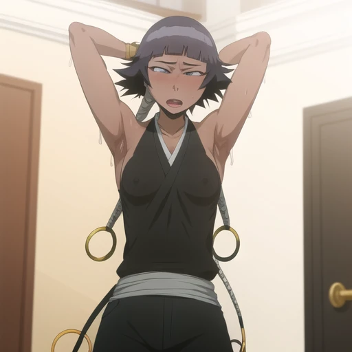 ( Animation screenshots:1.1),outdoor, exposed, 1 girl, alone, black hair, side breastsl, short hair with long locks, japanese clothing, - Hip vents, no underwear,short hair, small breasts, (whit1.1),No eyeballs, Also available in black, no headgear,low double braids,facing the audience, looking at the audience, tired, from below, (露armpit:1.1), ((armpit:1.2)), Sexy, Sweat dripping,re and more sweat,(ahegao), (Roll your eyes), naughty face, blush, Opened his mouth、Show your throat、Sticking out tongue, focus on tongue, Show inside the mouth, saliva, Runny nose,skinny, raise arms, (arms above head:1.5)