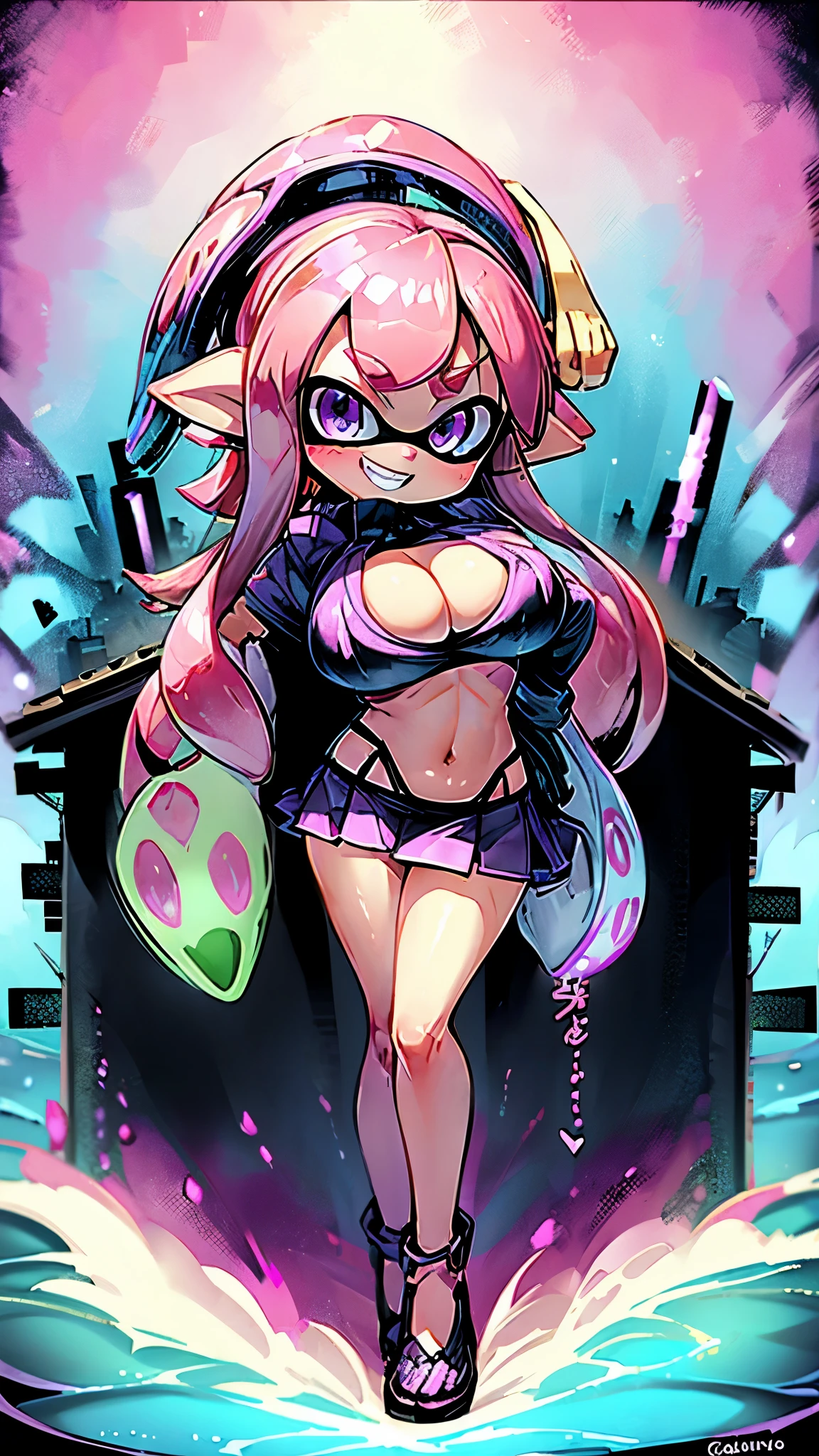 Splatoon Girl 、super big breasts、fua、Neon pink tentacle hair、cleavage、Pose that emphasizes the chest、Sexy dynamic pose、wide open smile、big and cute eyes、Beautiful eyes Wizard costume、mini skirt、cheek、Lipstick、