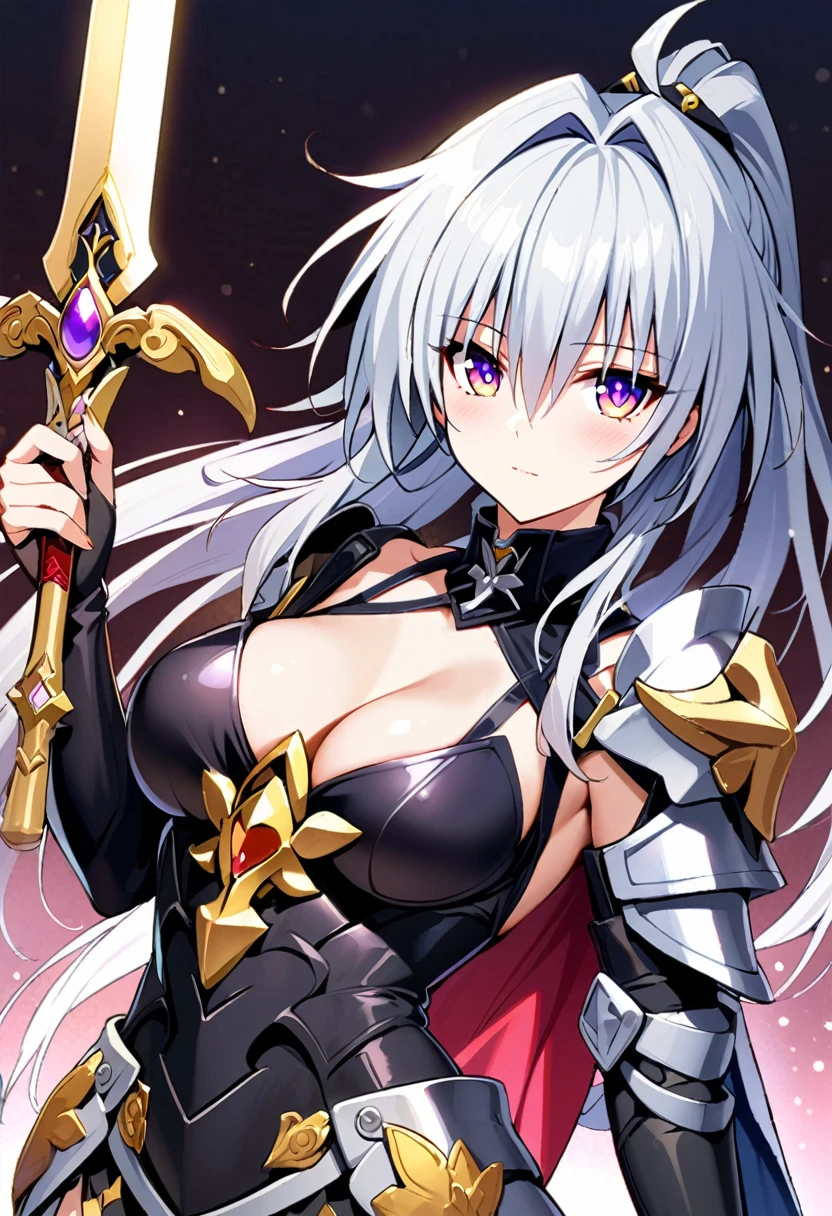 1girl, girl, honkai: star rail、female knight、silver hair、Heavy armor、cleavage、beautiful gold pattern、ponytail、With a sword in one hand,Luxuriously decorated sword, konjiki no yami,(masterpiece), best quality, very aesthetic, perfect face