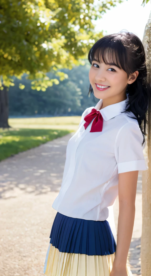 Best Quality, 8K, ultra-detailed, Masterpiece: 1.3), 1 italian girl, solo, kawaii, ((pleated skirt, navy blue skirt)), smiling, looking at viewer, smile, long hair, park, bow tie, (black hair:1.3), halo, long white shirt, side updo hairstyle, colorful_girl_v2, , windlift, skirt, standing, underwear, white cute panties, from below,
(skirt lift:1.3), only slightly exposed panties,