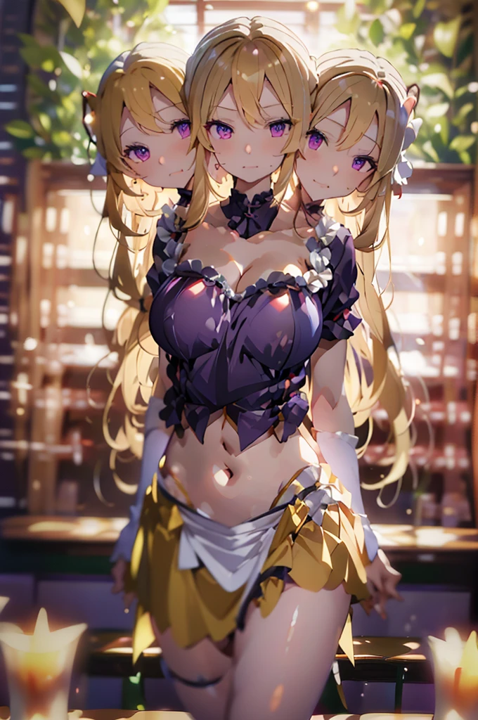 (masterpiece, best quality), best quality, (ultra-detailed), (3heads:1.5), 1girl, (3heads:1.5), 1girl, (yakumo yukari:1.3), masterpiece, best quality, ultra quality, ultra resolution, purple top, crop top, ((stomach)), midriff, ((groin)), purple skirt, frilled skirt, normal ears, shackles, blonde hair, very long hair, wavy hair, sidelocks, purple eyes, parted lips, single horn, sweat, cute, toned belly, hand on own chest, eyelashes, (24 year old woman:1.3), (masterpiece:1.5), (best quality:1.5), (beautiful detailed), extremely detailed CG, extremely delicate and beautiful, depth of field, (finely detailed face), (perfect details:1.2), (mature female:1.3), wide pelvis, slender, large veiny breast, 16k resolution, highres, high quality, high definition, extremely detailed, masterpiece, best quality, blonde hair, long hair, alluring presence, braid, short skirt, close up, big , young, frills, hat, hat ribbon, midriff, nsfw,