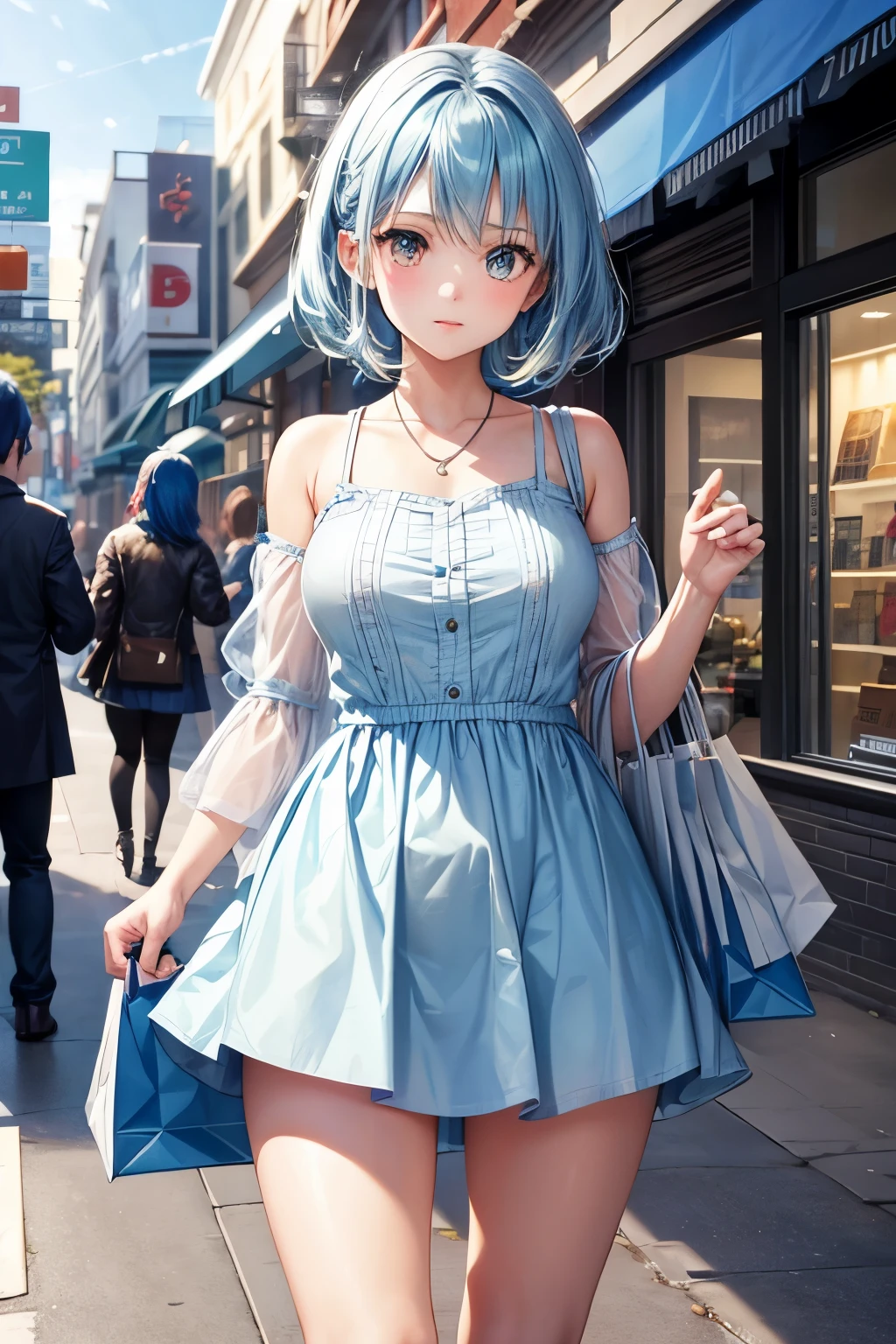 1girl, bluenette hair, light blue hair, next door girl, shopping