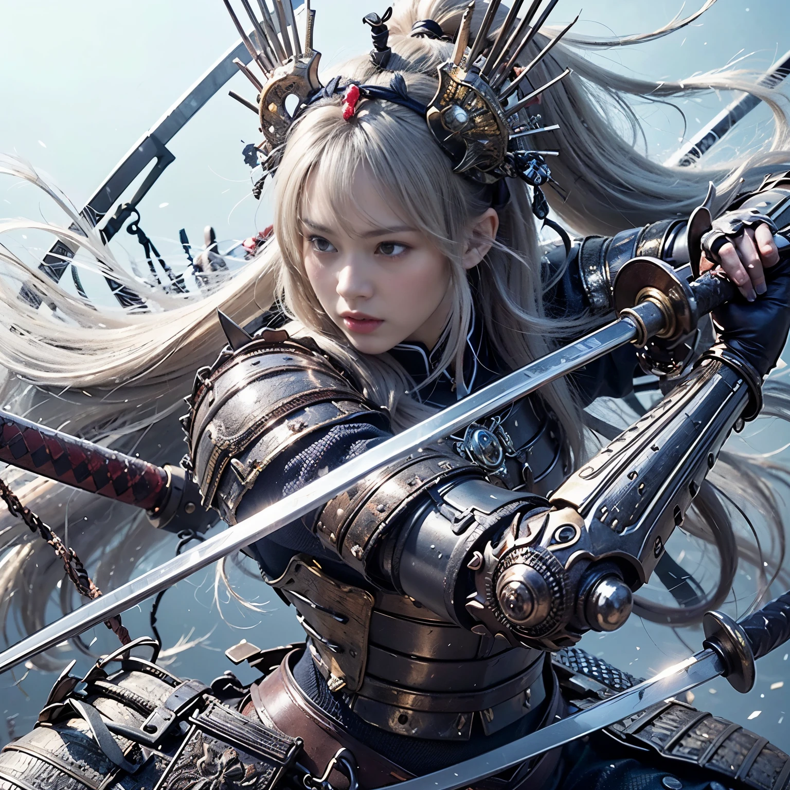 (best quality,4k,8k,highres,masterpiece:1.2), ultra-detailed, (realistic, photorealistic, photo-realistic:1.37), samurai armor, traditional Japanese sword, beautiful girl, kawaii, ponytail, super detailed, hyper-realistic texture, realistic, lifelike photography.