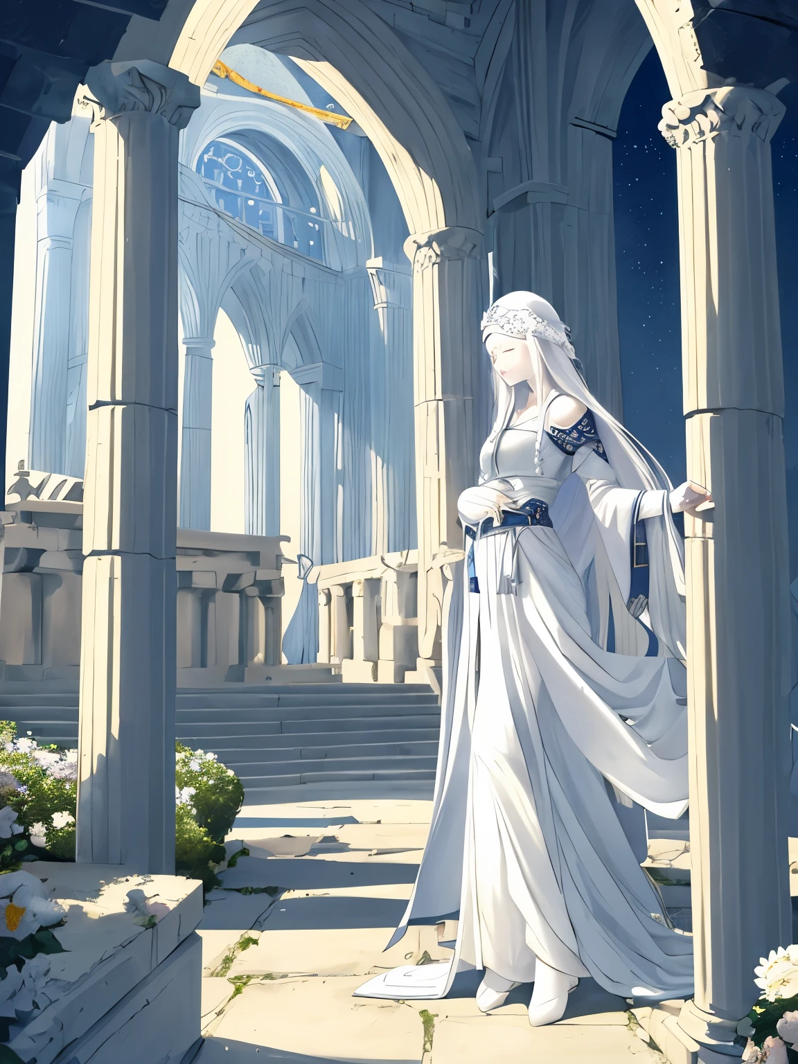 A feminine pretty methodology Greek prince, with white long hair, white skin, and a blindfold which hides his eyes, a cathedral castle, moon, and garden, wearing Greek mythology clothes, a pavilion