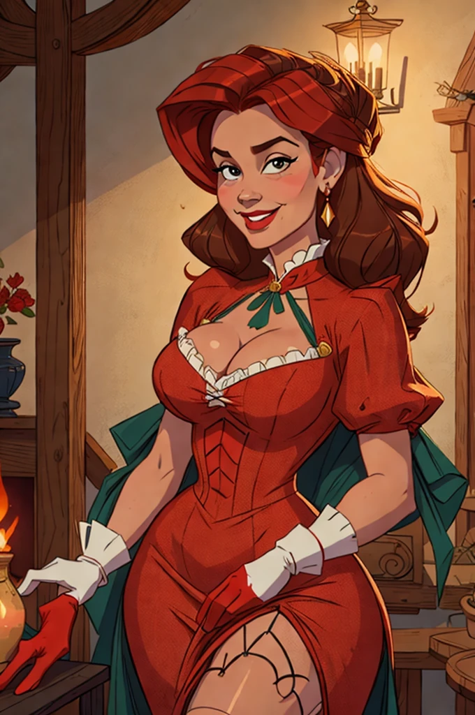 A sexy/cute, historicially acurate dickensian lady sweet/wholesome skinney , Traditional/conservative dress. Exudes love, conservative values. Thick Red hair. elegant dickensian dress. , fair-skinned woman, view viewer, Face Madura, Delicate gloves,, attractive look, impressive woman, romantic mood. Excited, happy, smileing, laughing.. Prudishly dressed.