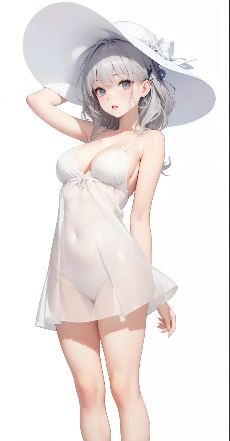 big breasts:1.5、、highest quality、very detailed、Very realistic eye masterpiece、highest quality、very detailed、gray hair、perfect face、long hair、white dress、sundress、nsfw、see-through