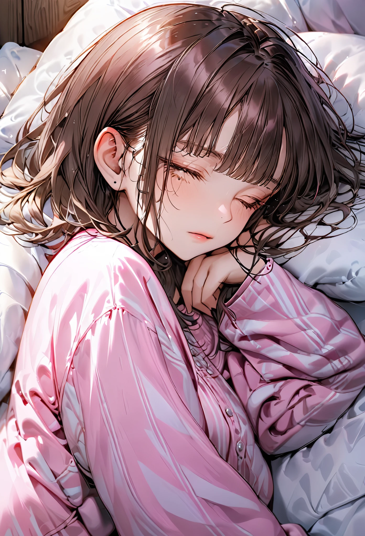 sleeping girl, 22 years ago, realistic, she is wearing pink long pajamas, brown hair.